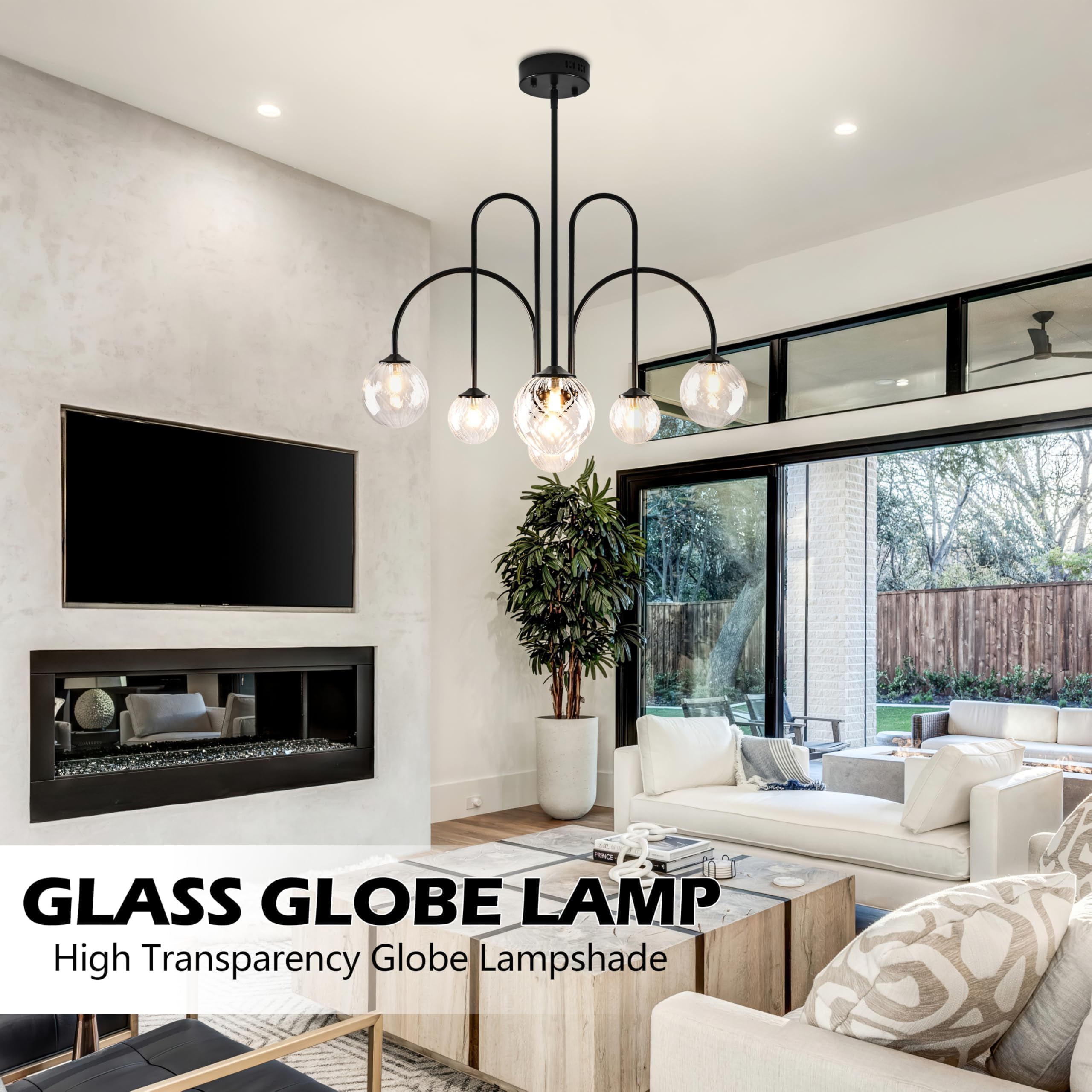 Bagood Black 6-Light Globe Pendant Lights Mid Century Modern Chandelier 29.5    Sputnik Chandelier With Clear Glass Globe Shade