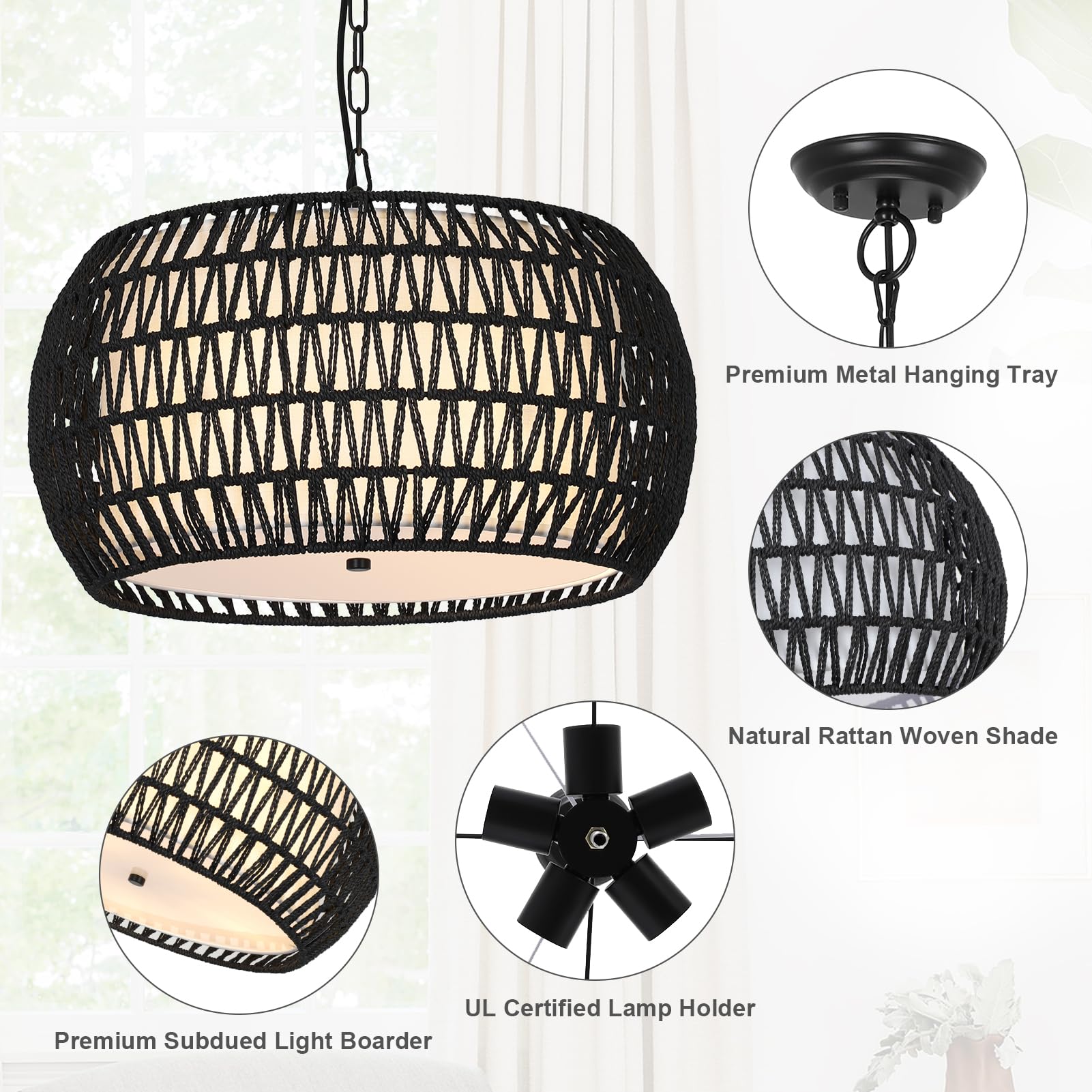 Farmhouse Chandeliers For Dining Room,5-Lights Rattan Boho Chandelier Light Fixture,Black Woven Dining Room Light Fixture With F