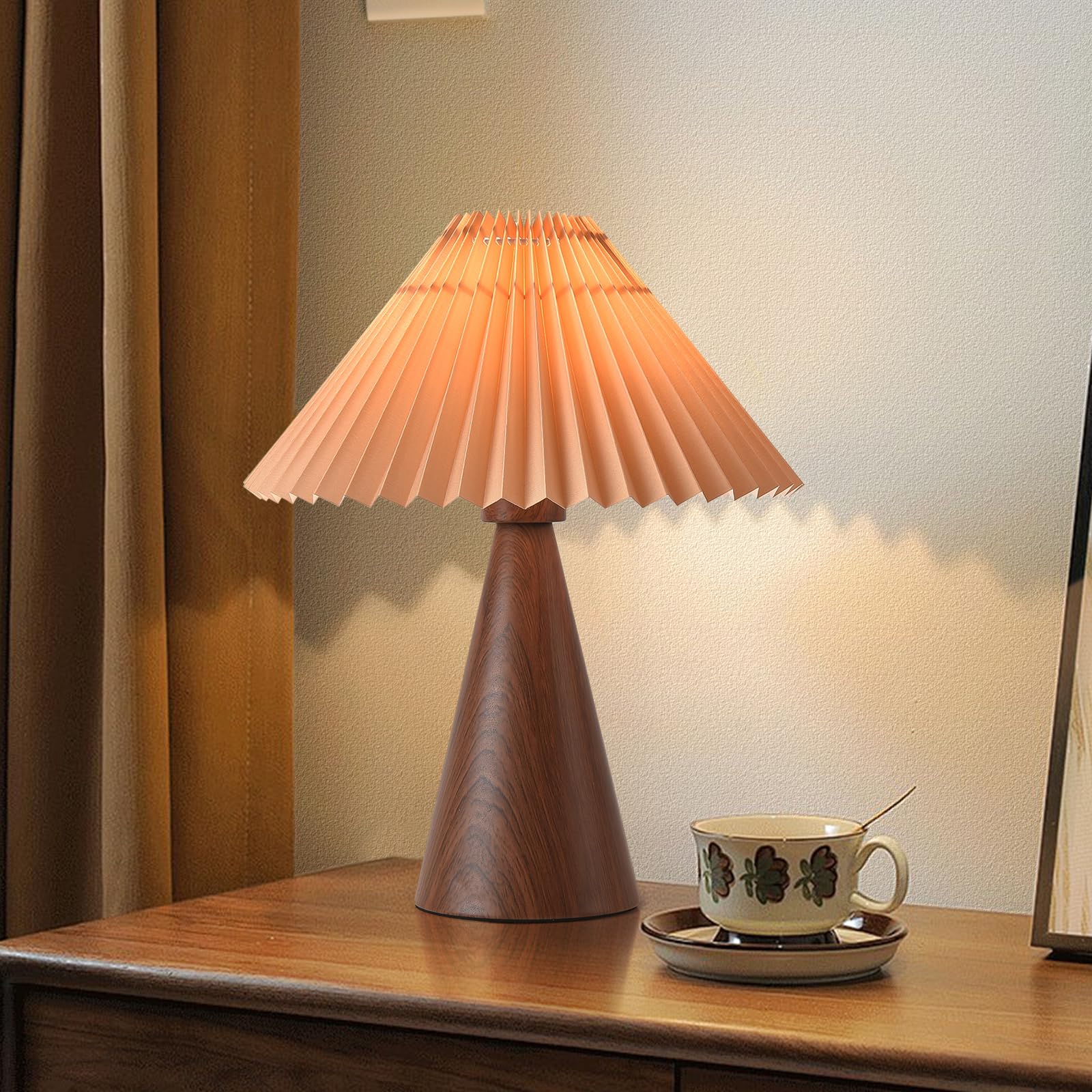 Ziqqeelam Wood Small Table Lamp, Mini Cute Table Lamp, Pleated Table Lamp,Wooden Grain Bedroom Lamps for Nightstand, Small Scall