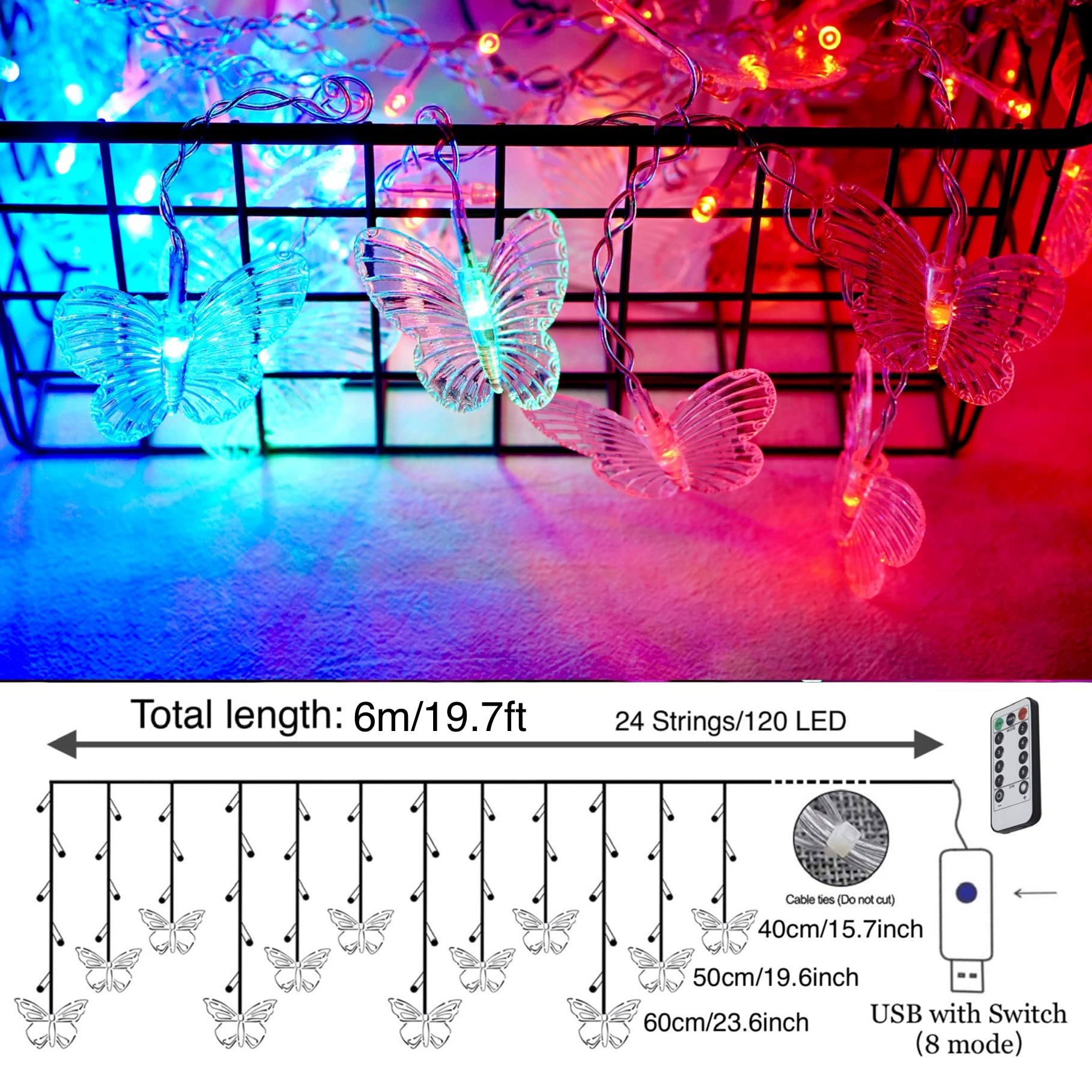 FELISHINE Butterfly Curtain Fairy Lights, 120 LED, 19.7FT, Multicolor, Waterproof Copper Wire, 8 Modes with Remote