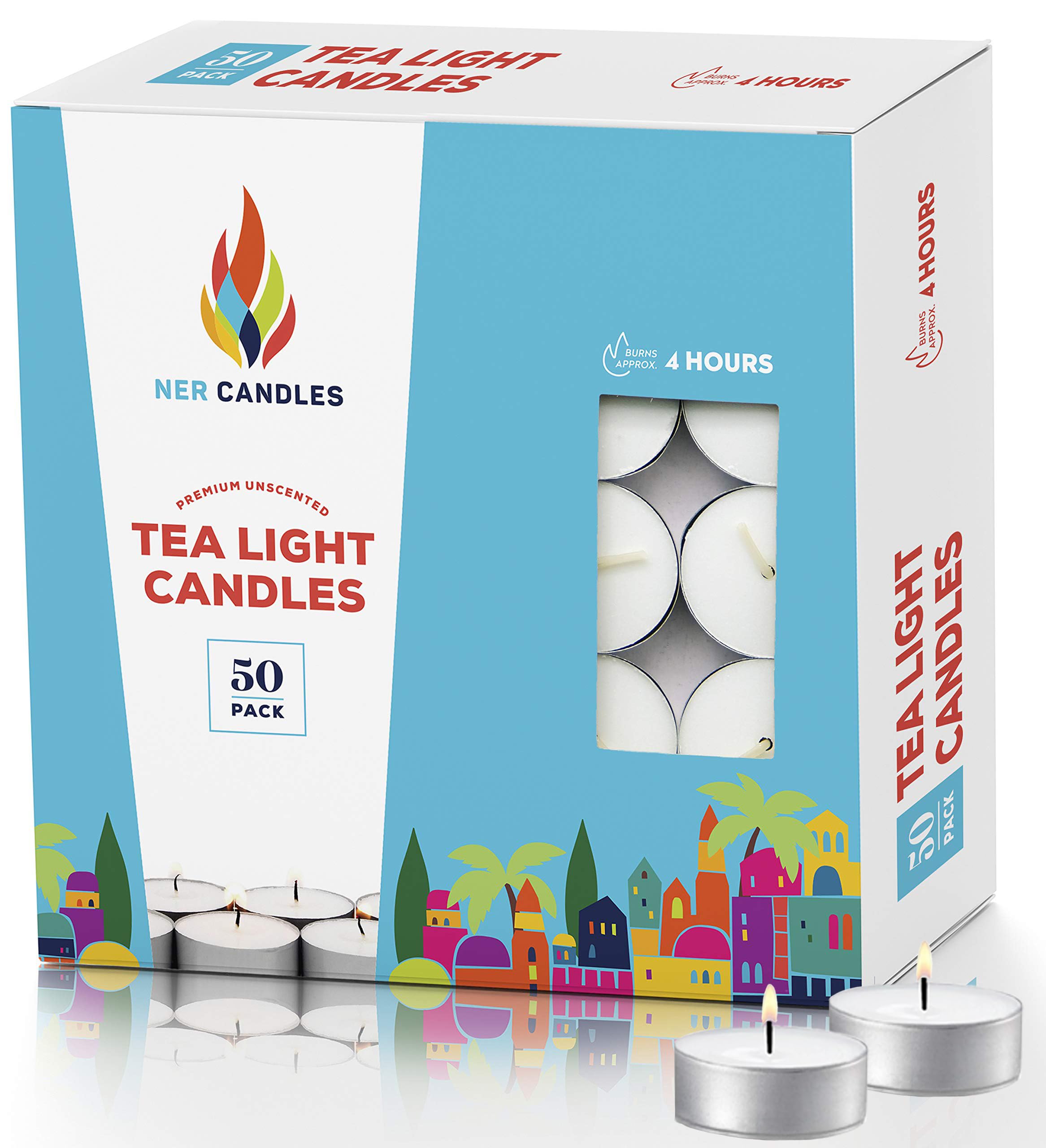 50 Unscented Tea Lights Candles White  Smokeless  Dripless & Long Lasting Paraffin Small Votive Mini Tealight Candle for Home  Pool  Shabbat  Weddings & Emergencies (50-Pack)