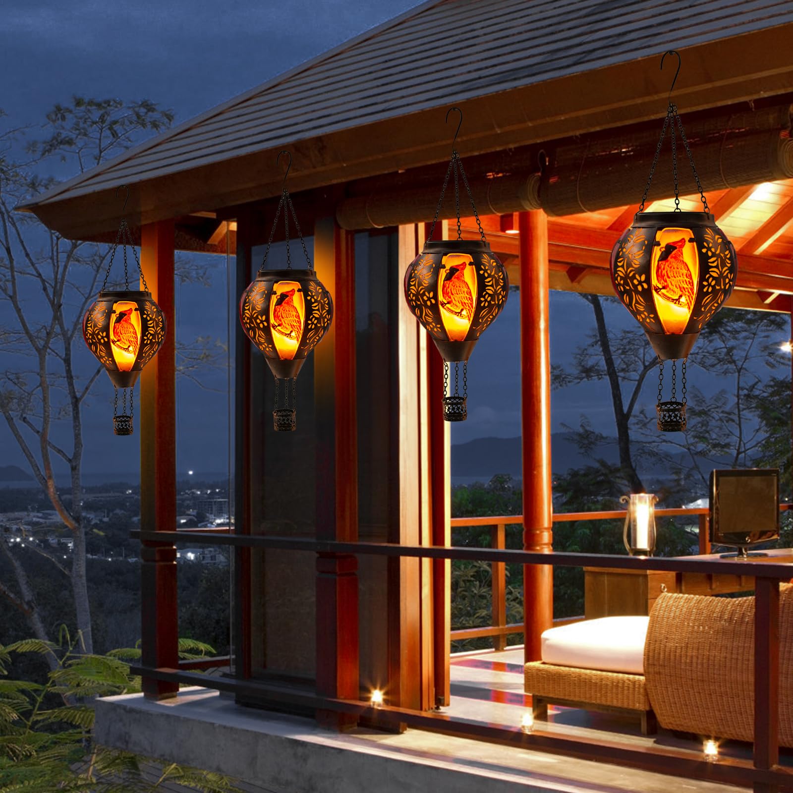 Hot Air Balloon Solar Lantern Cardinal Lights With Flickering Flame Solar Powered Led Lights Outdoor Waterproof Decorative Hanging Lights For Garden Patio Pathway Yard Porch Decor