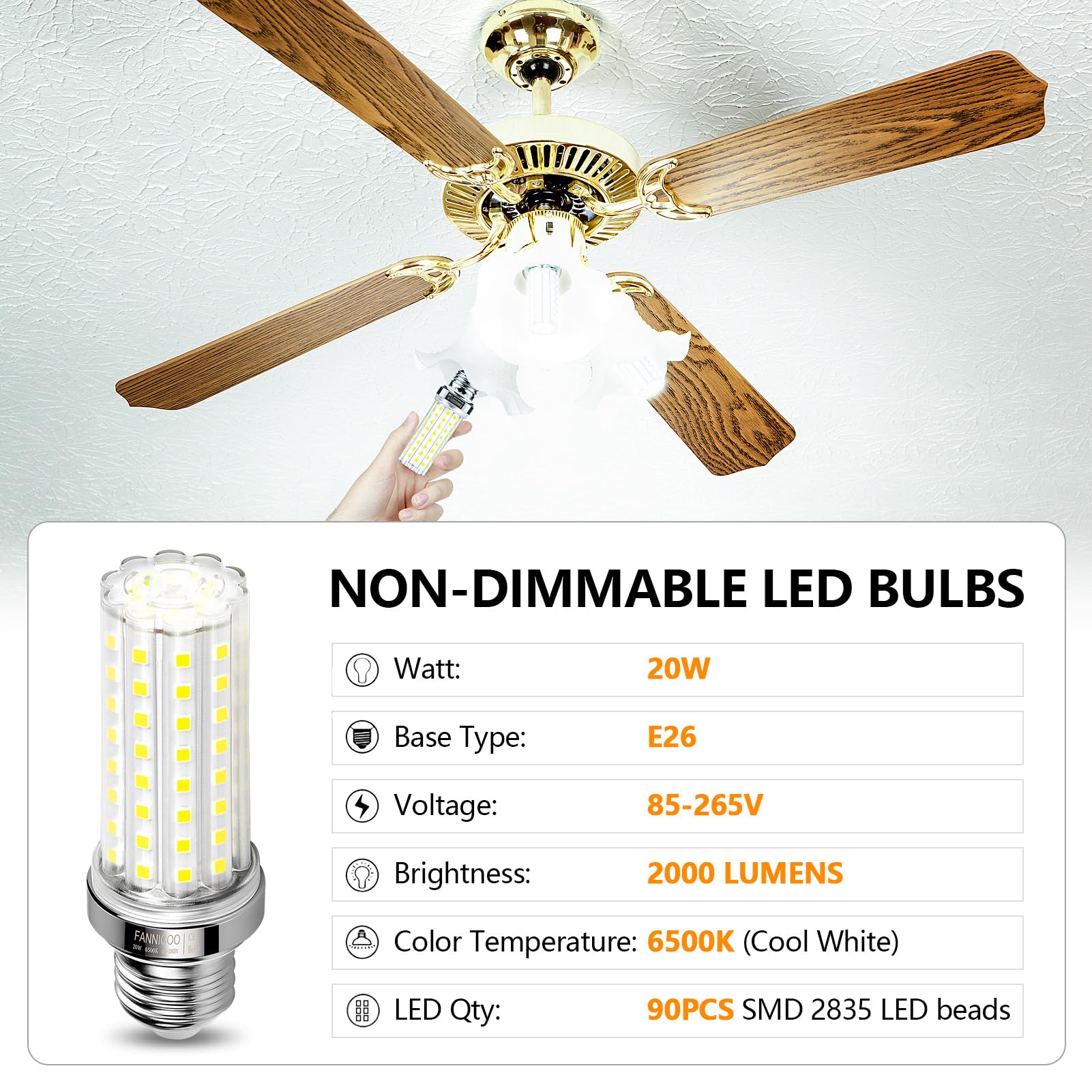FanNicoo LED Light Bulb 20W E26 150W Equivalent 2500 Lumen Cool Daylight White, Non-Dimmable for Home Garage Kitchen