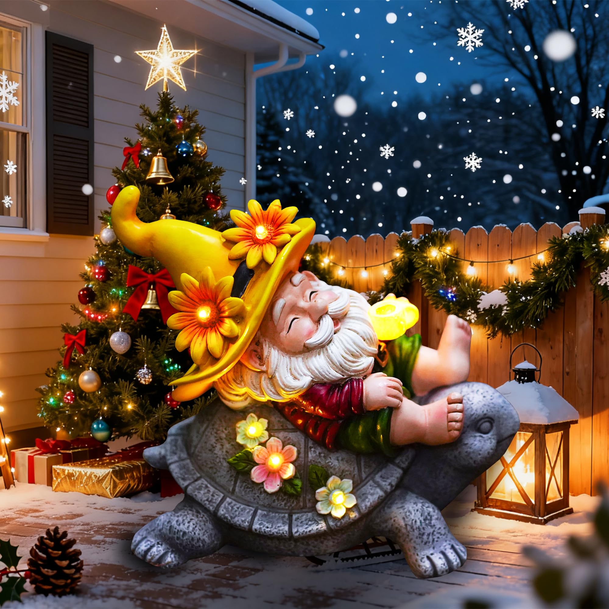 Cffownug Christmas Garden Gnomes Outdoor Decor: Funny Sunflower Gnome Sitting On Turtle With Solar Lights Outside Decoration For Lawn Yard Patio Garden Gifts For Women