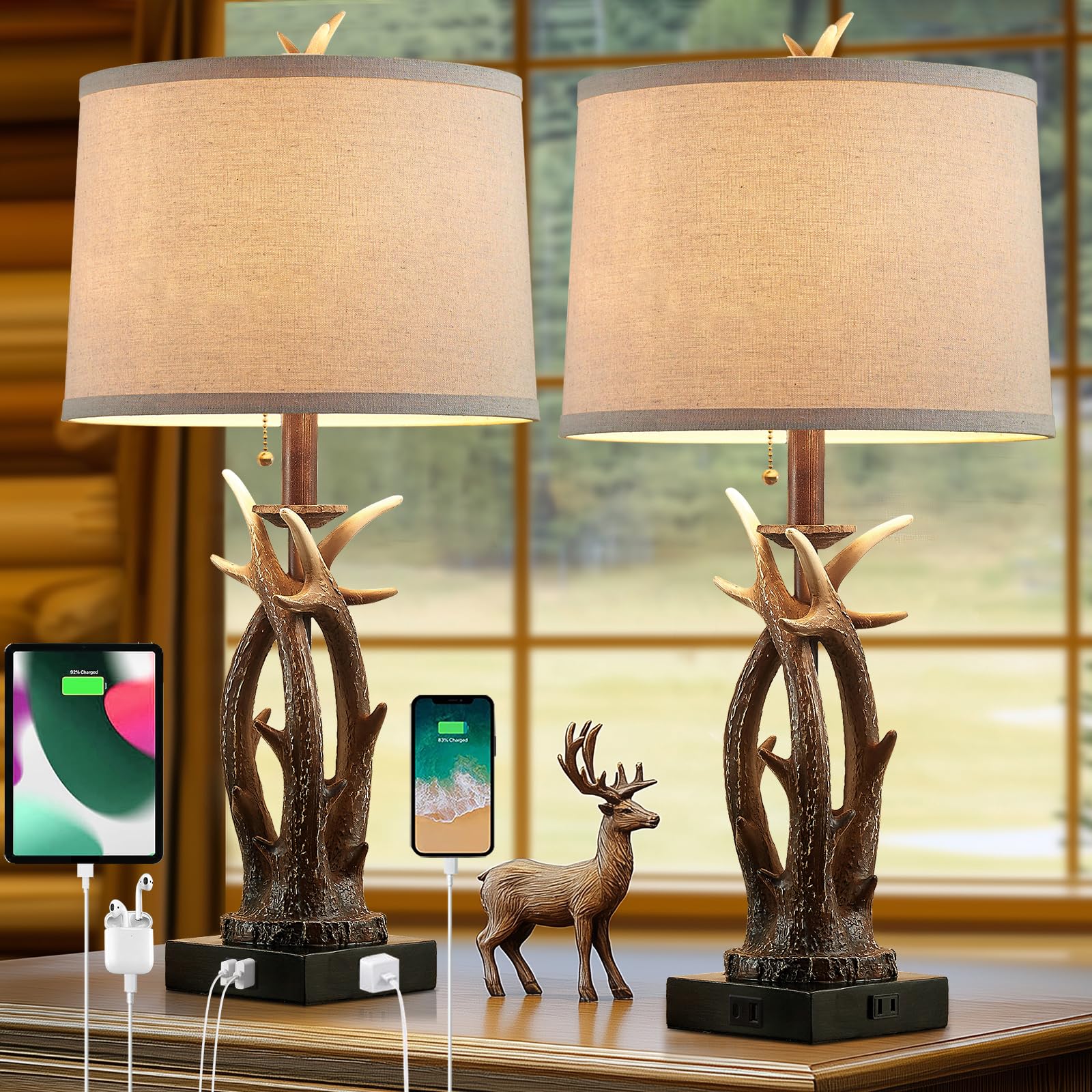 Farmhouse Deer Antler Table Lamps Set of 2 Rustic Western Bedside Lamp with USB A+C & Outlet Vintage Nightstand Lamps for Log Ca