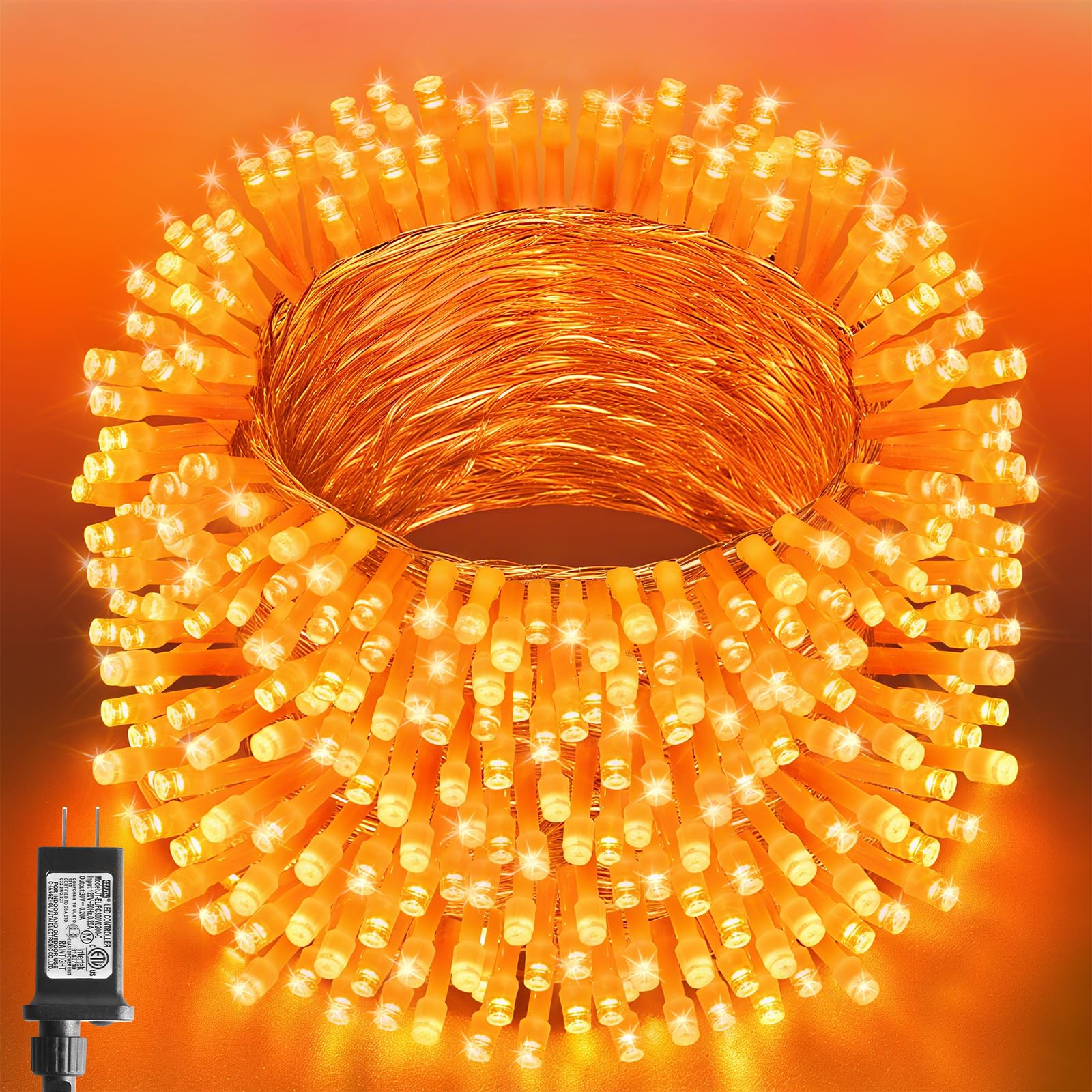 VTECHOLOGY 200LED Orange Christmas Lights, 66FT Connectable String Lights, 8 Modes, Indoor Outdoor Decor, Clear Wire, Model QL300IE