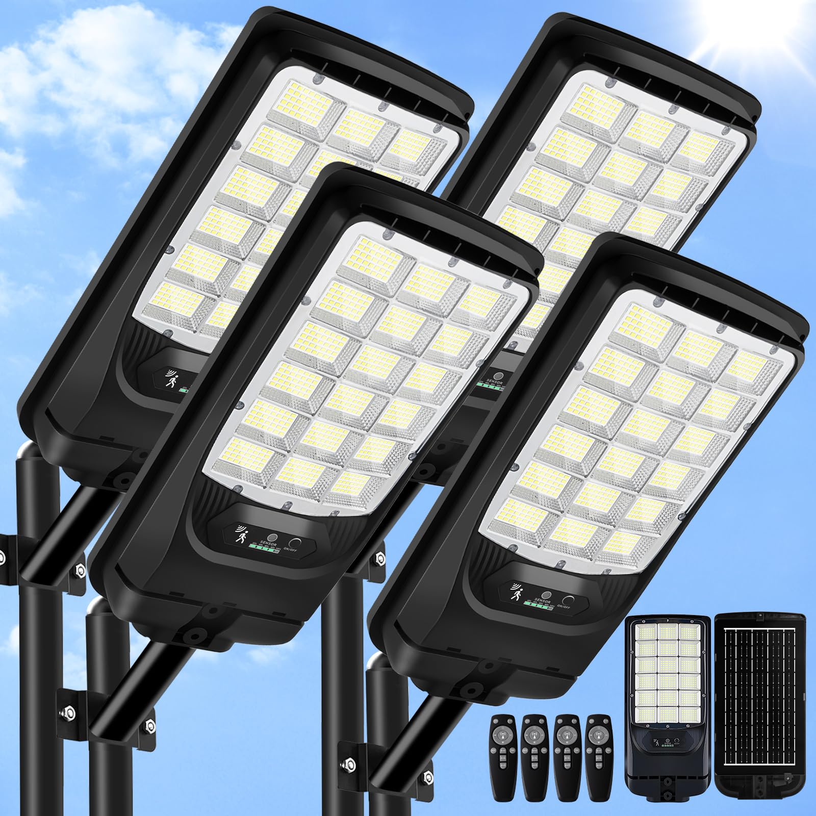 Solar Street Lights Outdoor Waterproof, 21000LM 6500K LED Motion Sensor Lights, Dusk to Dawn Solar Flood Lights with Remote, Sol