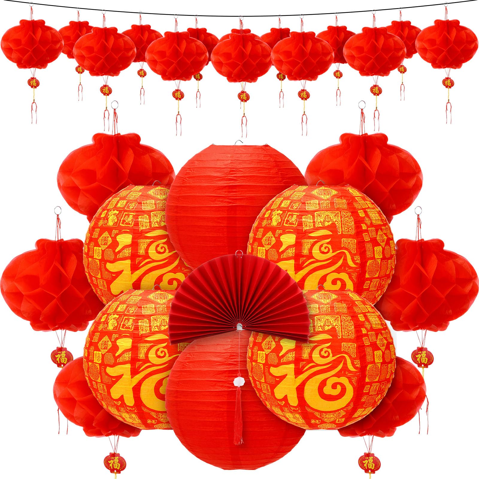 Fullhawl 21 Pcs Chinese New Year 2026 Decor Golden Fu Lantern 12 Inch Lucky Golden Fu Lantern Hanging Ornaments 10 Inch Chinese 