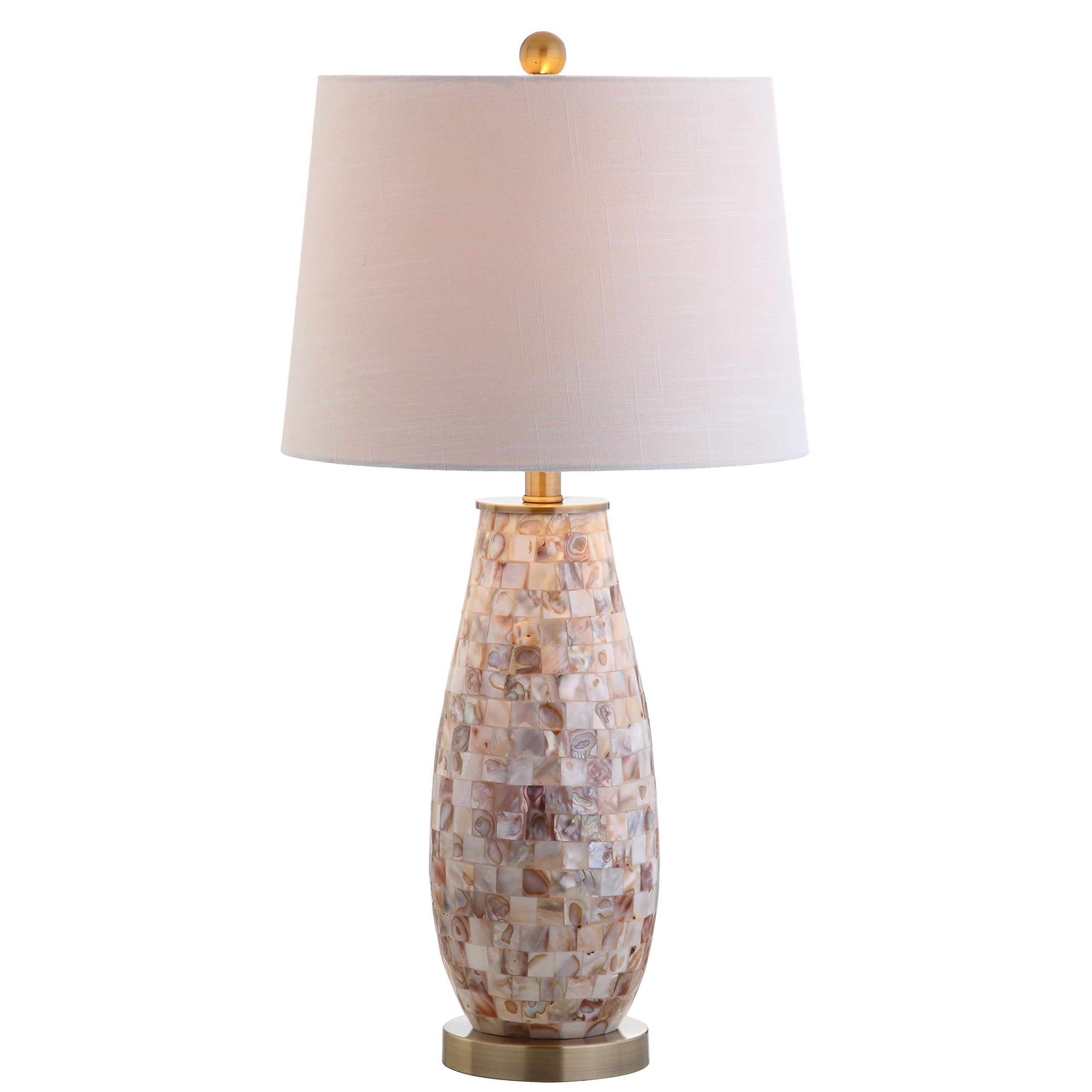 JONATHAN Y 28 Natural Mosaic Seashell Table Lamp  Coastal Contemporary Resin Lamp for Living Room Bedroom  White Linen Shade  Brass Gold Accents  LED Bulb Included JYL4005A