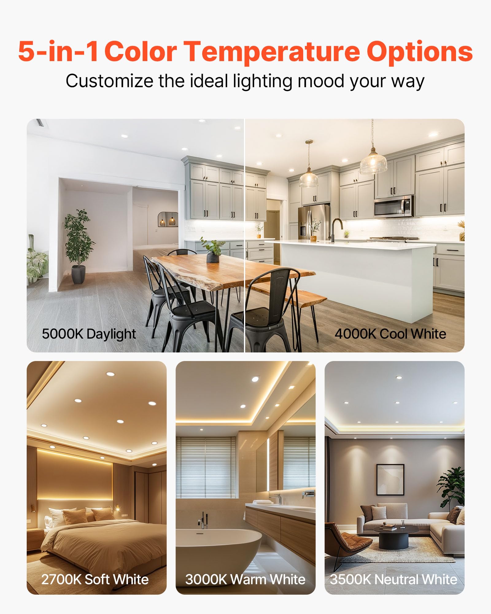 VEVOR 10 Pack LED Recessed Lighting, 4 Inch, 9W 120V, 750 LM, Selectable 5CCT 2700K-5000K
