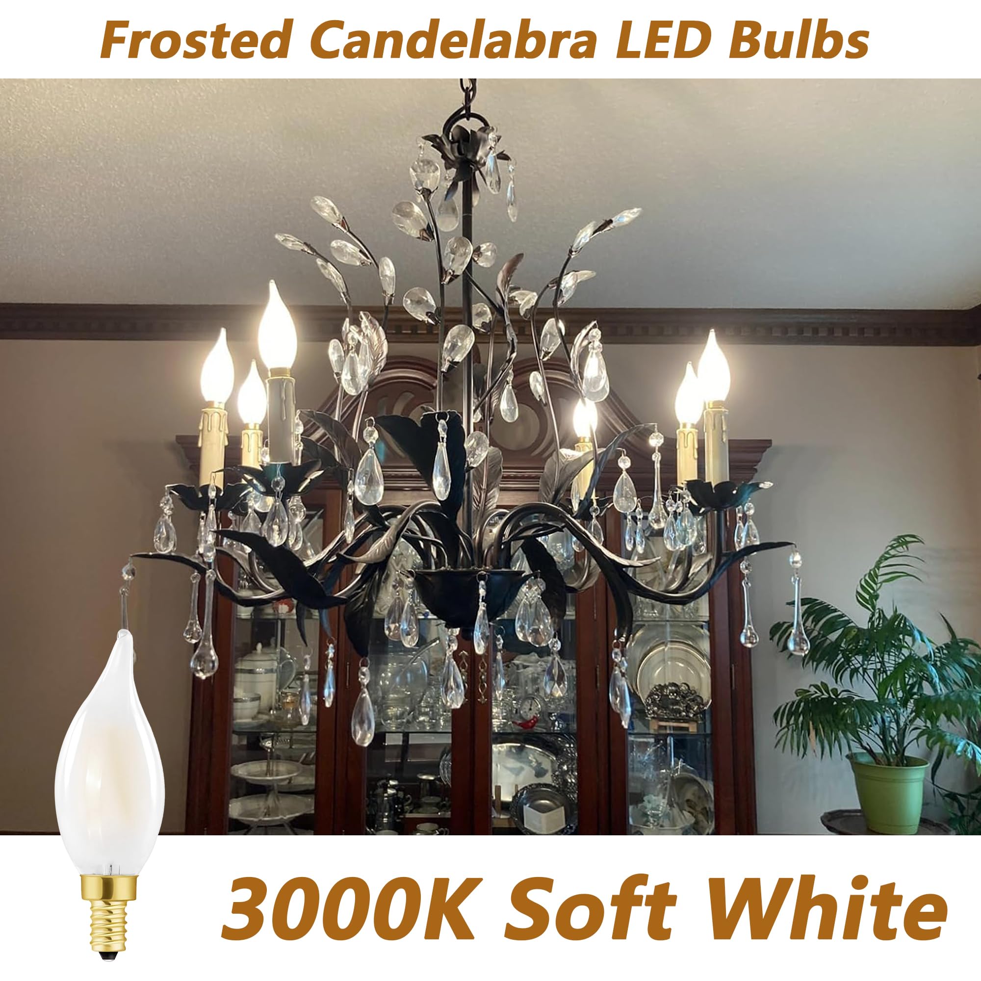 Homosum Led Frosted Candelabra Light Bulbs, 6W, Equivalent 60W, Soft White 3000K,E12 Candle Base,Dimmable For Dining Room,Light