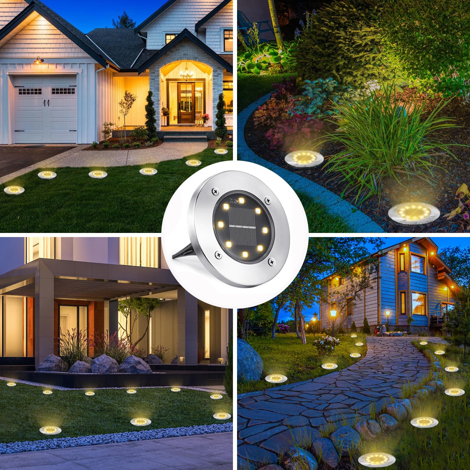 LYHOPE Solar Ground Lights, 8 Pack LED Disk Lights, Waterproof for Lawn, Yard, Deck, Warm White, Stainless Steel