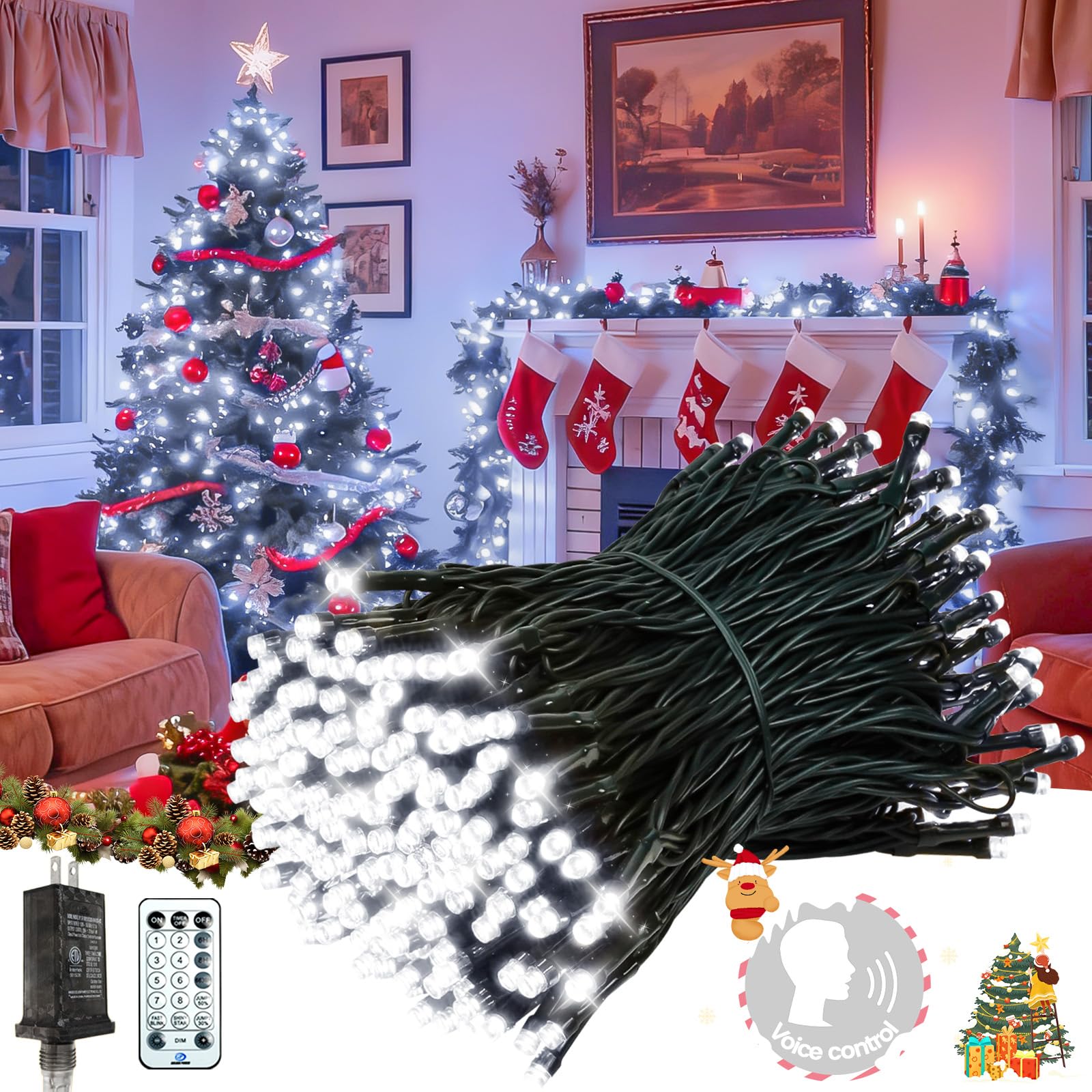 Voice Control 88Ft 240Led Smart Christmas String Lights Outdoor/Indoor | String Lights Plug In With Remote  12Modes  7Voice Commands & Timers  Christmas Twinkle Light For Xmas Tree Decor (Cool White)