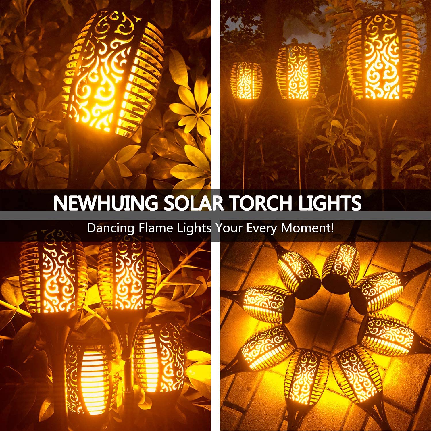 New Huing Solar Torch Lights, 4PCs, 43 inch, 96 LED, Waterproof, Yellow, Auto On/Off Dusk to Dawn for Garden Pathway Decoration