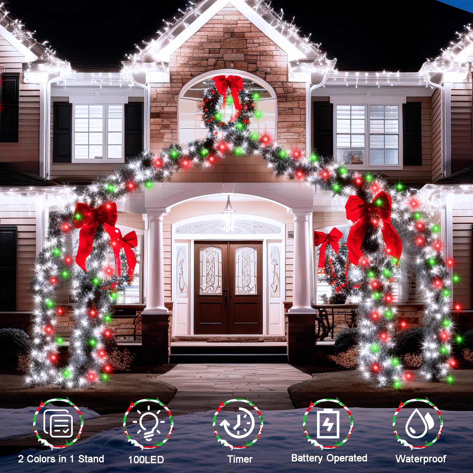 Echosari Battery Operated Christmas Red White Green String Lights, Dual Color Changing 100 Led Fairy Lights 33Ft With Remote Timer Christmas Lights For Xmas Tree Festive Decorations