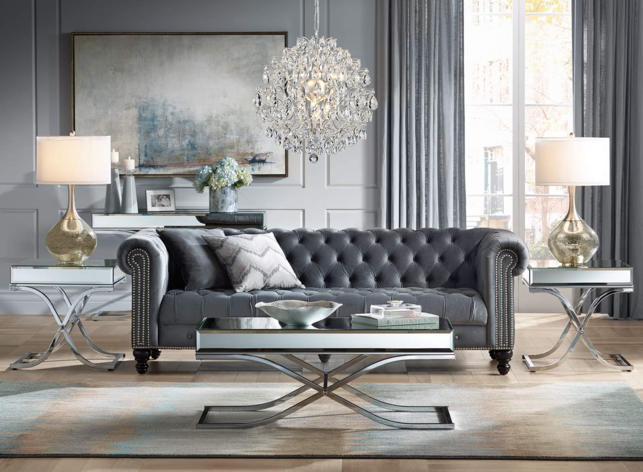 Bestier Silver Modern Pendant Chandelier Crystal Raindrop Lighting Ceiling Light Fixture Lamp For Dining Room Bathroom Bedroom L