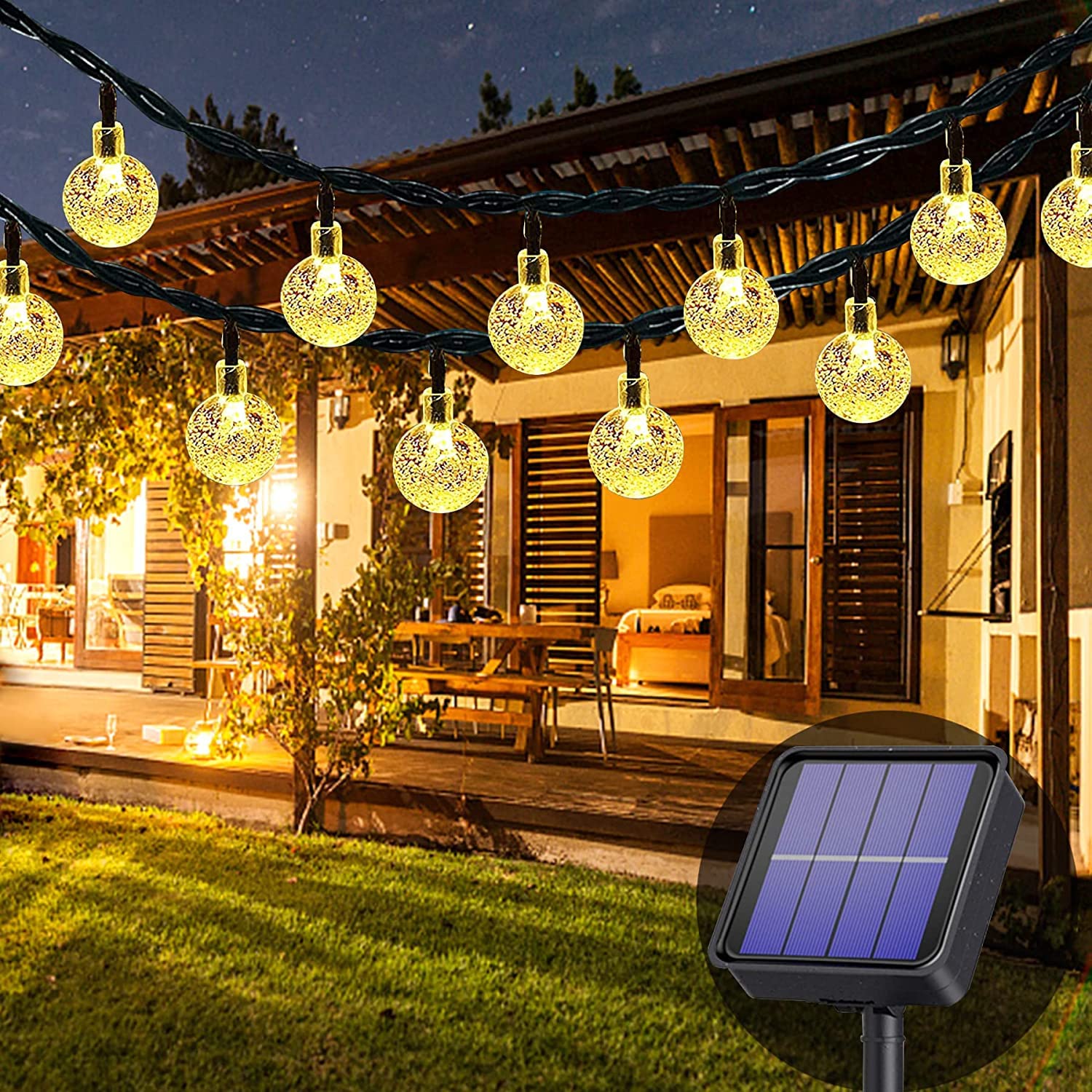 Lezonic Solar String Lights, 50 LED Waterproof Crystal Globe, 7M/24Ft, Warm White, 8 Modes for Garden, Patio, Christmas, Wedding
