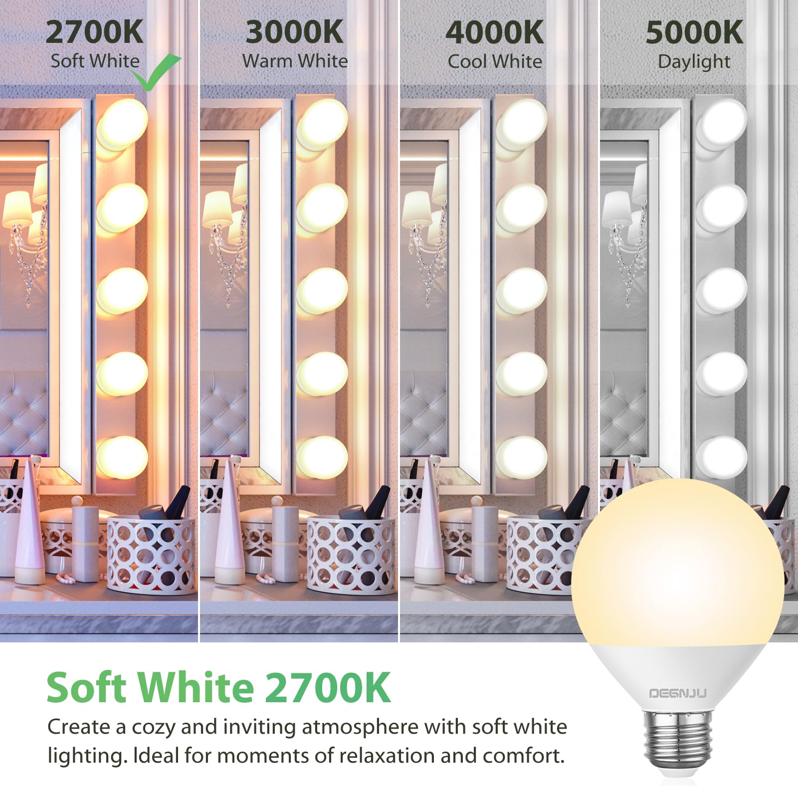 DEGNJU LED Vanity Light Bulbs, G25 Globe, 800 Lumens, 2700K Soft White, 7W, 6 Pack, Non-Dimmable, Model DEG25