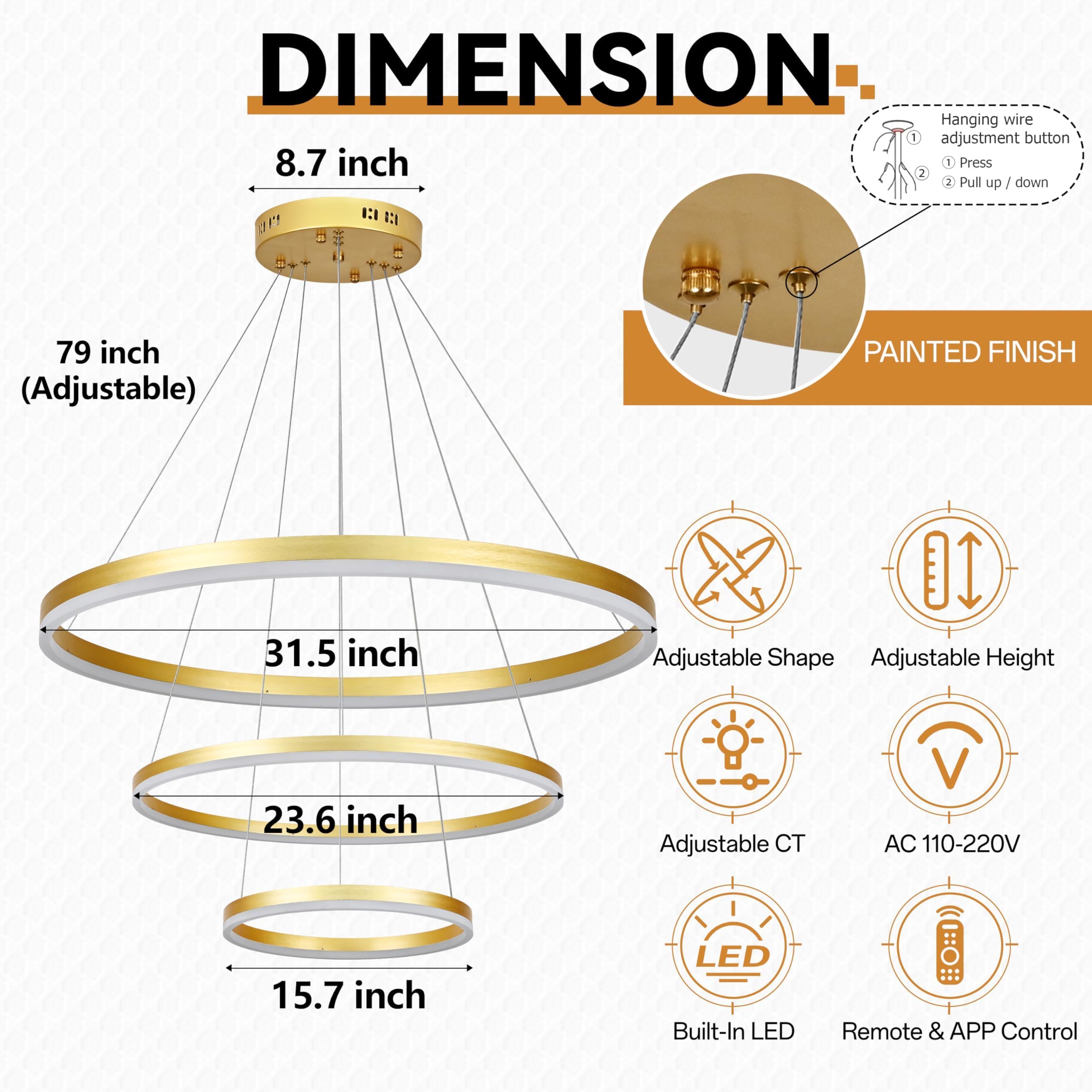 Mccokaige 31.5'' 3 Ring Modern Led Pendant Light Gold Modern Led Chandelier Contemporary Ring Chandeliers Dimmable Chandeliers C