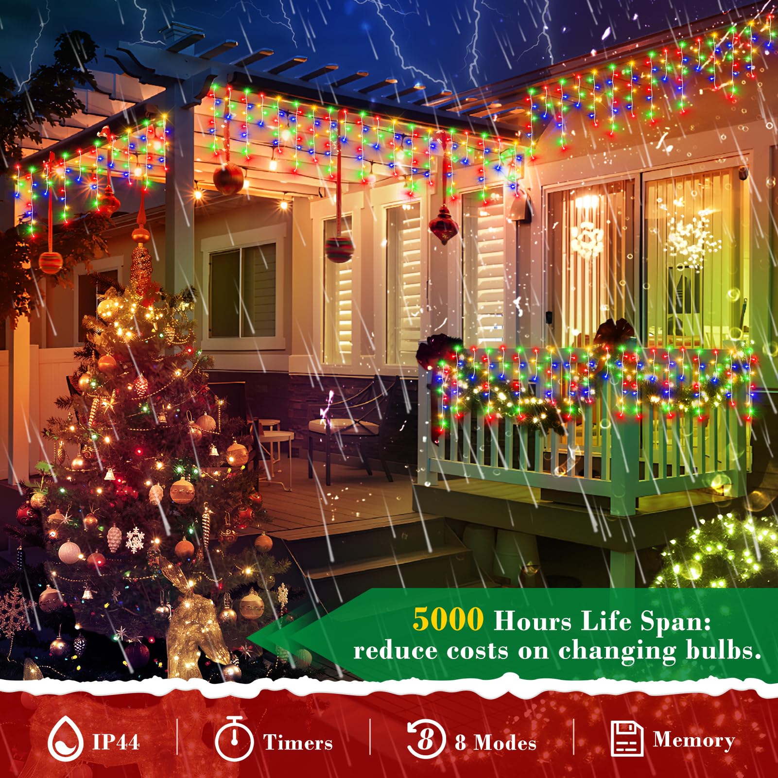 XURISEN 132ft Christmas Lights - 1280 LED, 8 Modes, Plug-in, Waterproof, Timer, Multicolor, Model BG-CL3M3-306L01