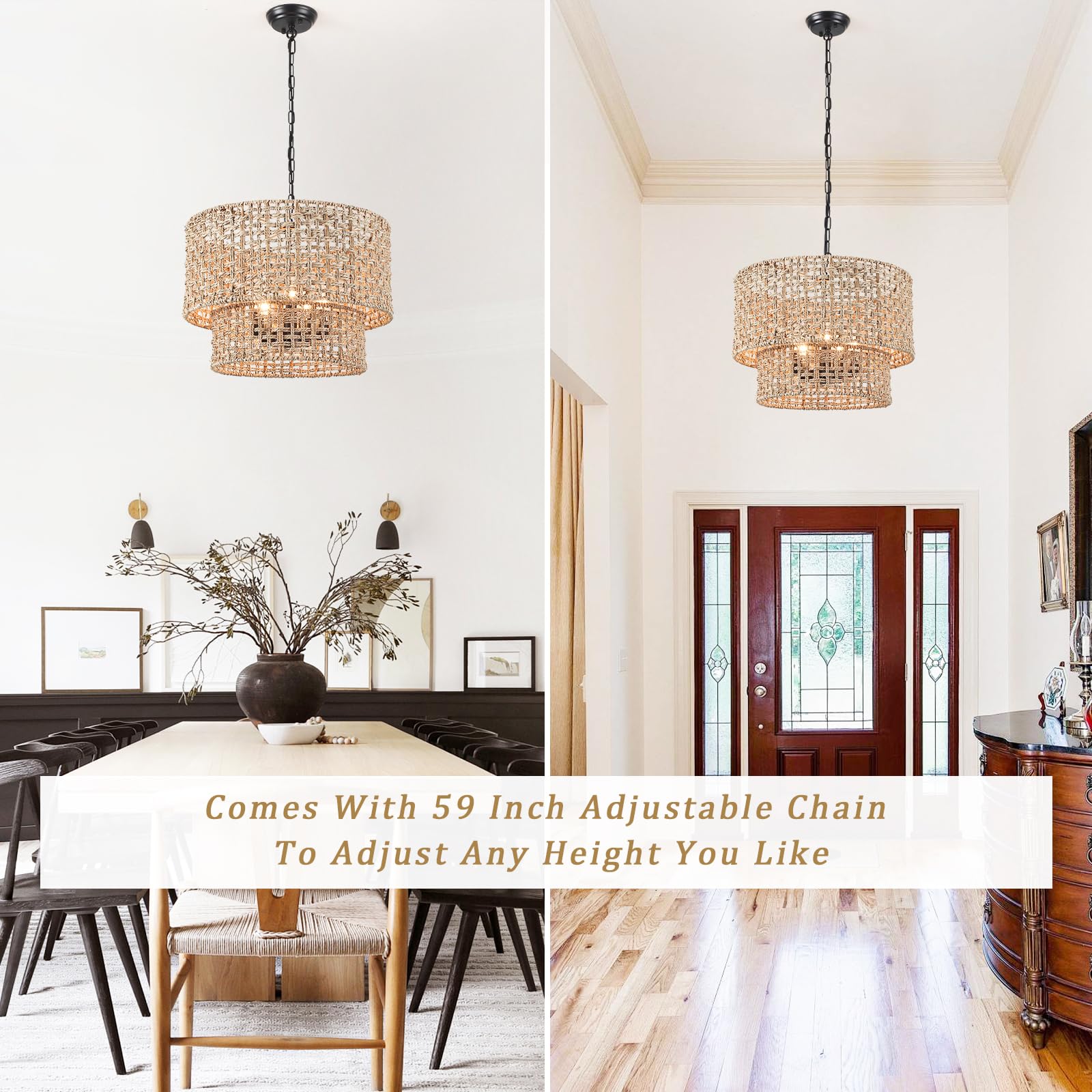 2 Tier Rattan Farmhouse Chandelier 5-Light Large Boho Wicker Pendant Light Fixtures Hanging Coastal Drum Lighting Hand Woven Cha