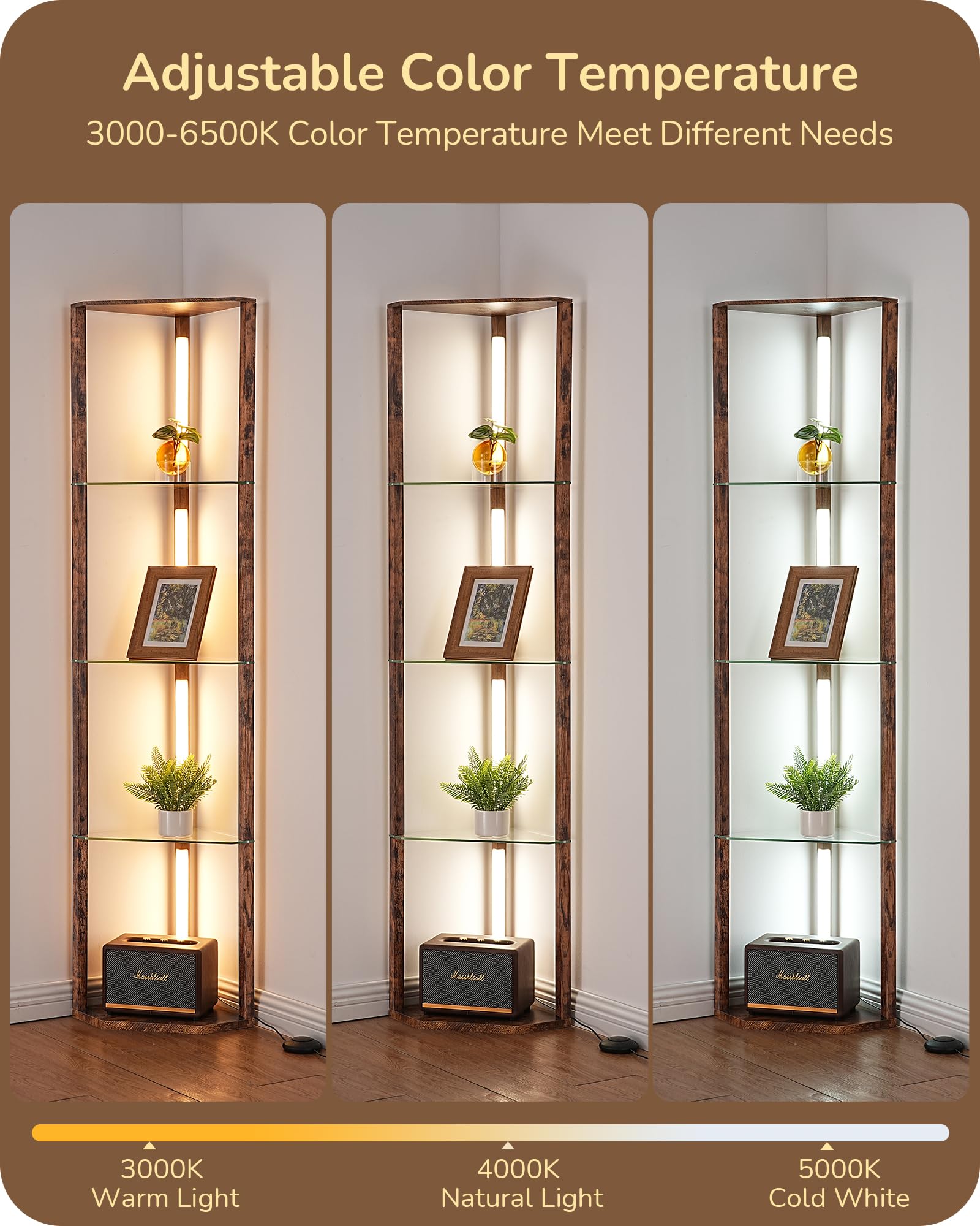 EDISHINE Corner Shelf with Light, 5-Tier Glass Display, Dimmable Lamp, 63.7 inches, Burnt Wood, Model HLFL06N