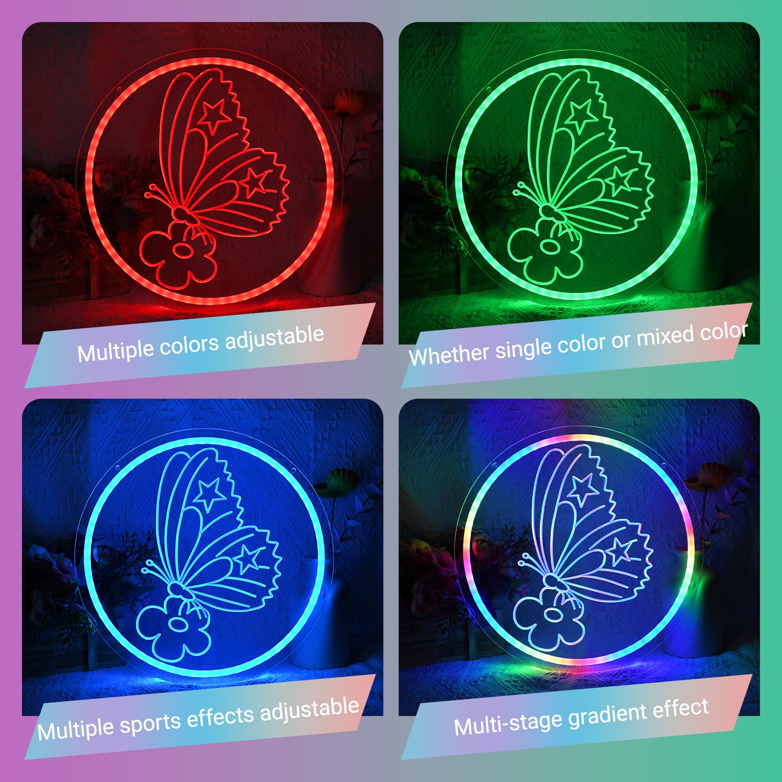 Butterfly Decorations Led Light - Single Color/Multi-Color Adjustable Neon Sign For Room Decor  13 X 13  Usb Powered Kids Bedroom Art  Unique Birthday Gifts For Girls Boys