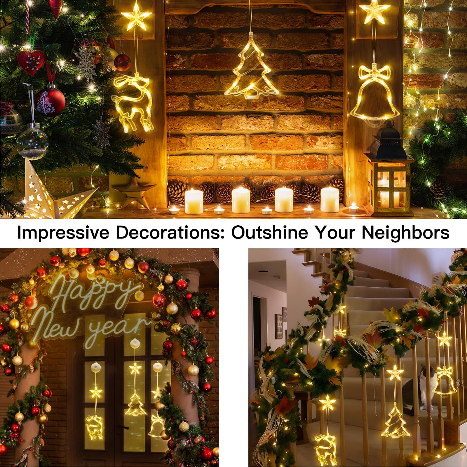 Suddus Christmas Window Lights Decorations, 3Pcs Tree-Jingle Bell-Deer Shaped Xmas Lights Battery Powered With Suction Cups & Timer, Hanging String Lights Indoor For Tree, Fireplace, Warm White