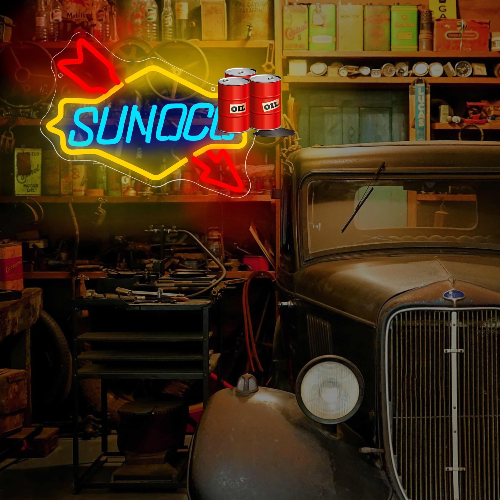 FTMGGDG Garage Neon Sign LED Light Oil Wall Decor 13.8x10.5 inches Acrylic Model FMXD200