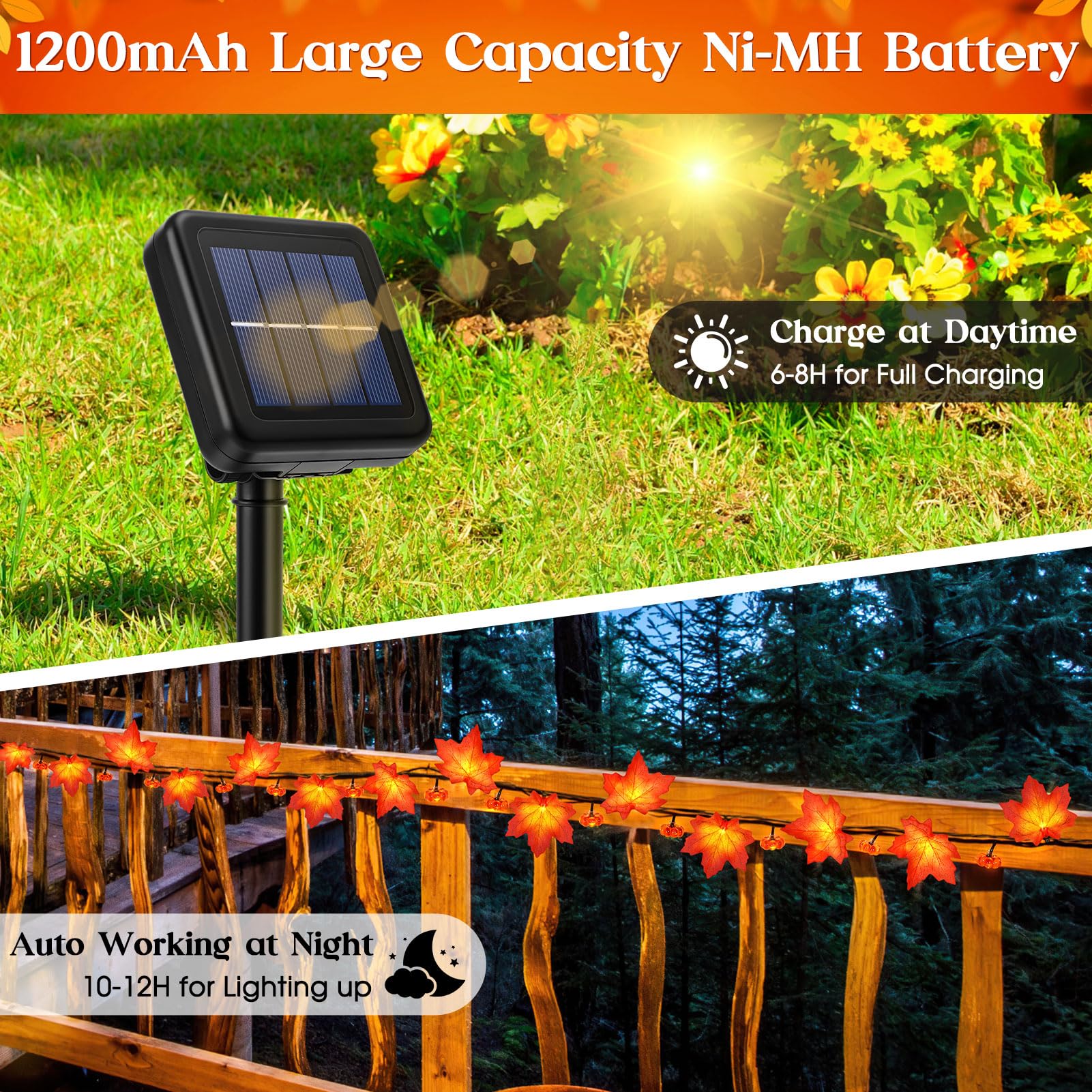 Fall Solar Lights Outdoor Decorative, 39Ft 100 Leds And 8 Modes Solar Lights Thanksgiving Decorations Outdoor Maple Pumpkin String Garland For Autumn Outside Garden Harvest Party Halloween Decor