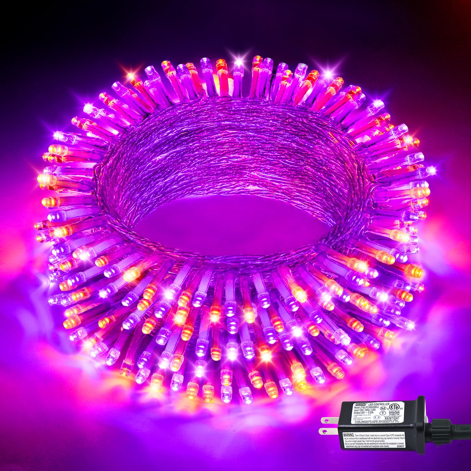 Jmexsuss 33Ft 100 Led Halloween String Lights, Orange & Purple, Waterproof, 8 Modes, Clear Wire, Model Exs-S-0100