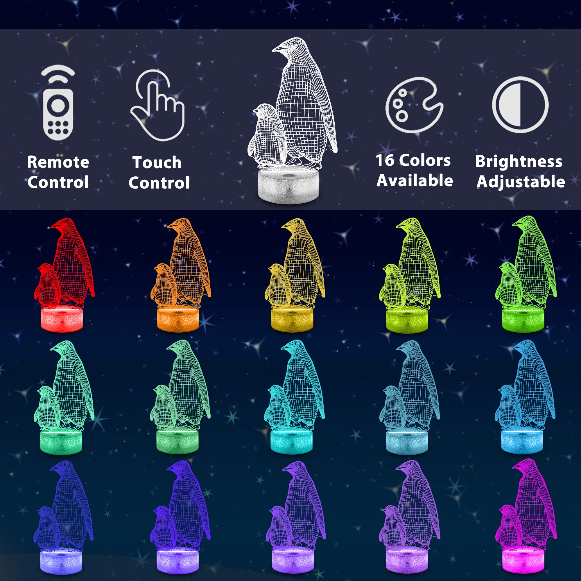 CooPark Penguin 3D Night Light - Multicolor, Remote Control, Dimmable, 16 Colors, Kids Bedroom Decor, Model FS-5200LY