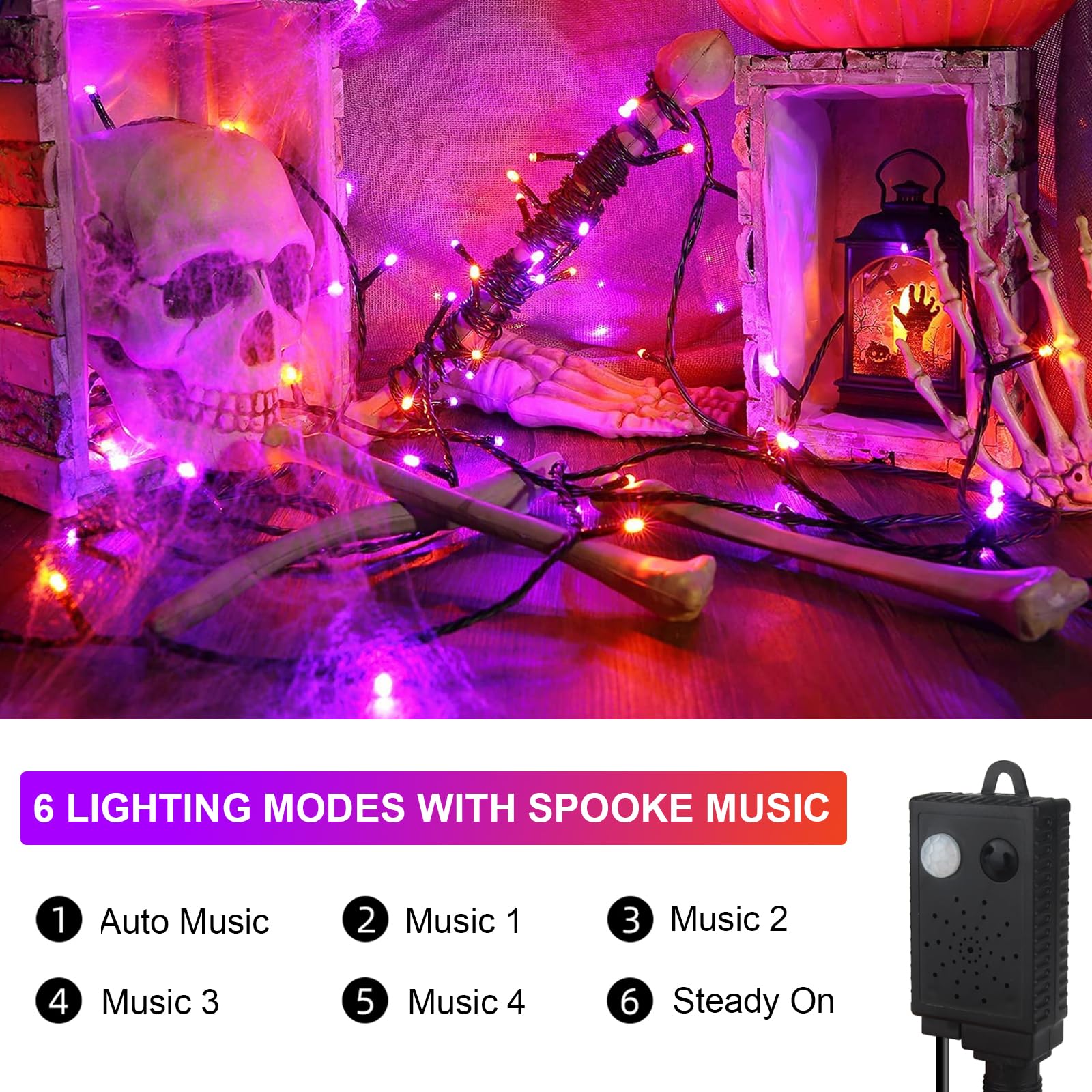 XTF2015 Halloween String Lights, 105FT, 300 LED, Music Purple+Orange, Waterproof, Model QL300AE, Indoor/Outdoor Decor