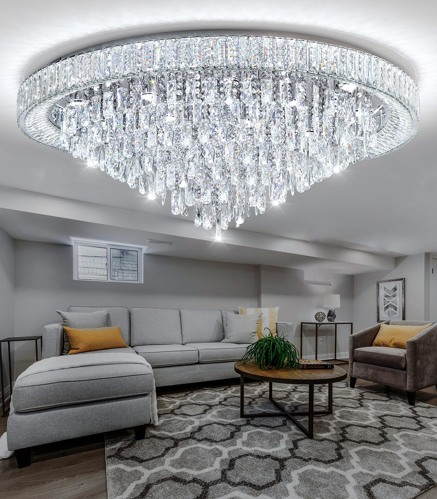 Dolria 47'' Modern Chandeliers Led Dimmable Crystal Flush Mount Ceiling Chandeliers For Living Room High Ceiling Entrance Foyer