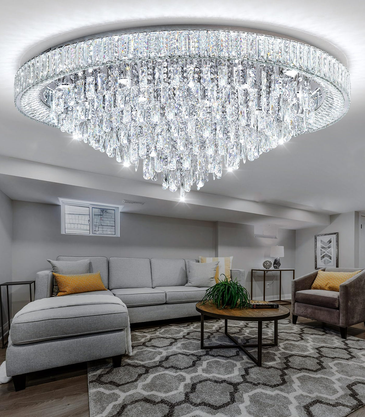Dolria 47'' Modern Chandeliers Led Dimmable Crystal Flush Mount Ceiling Chandeliers For Living Room High Ceiling Entrance Foyer
