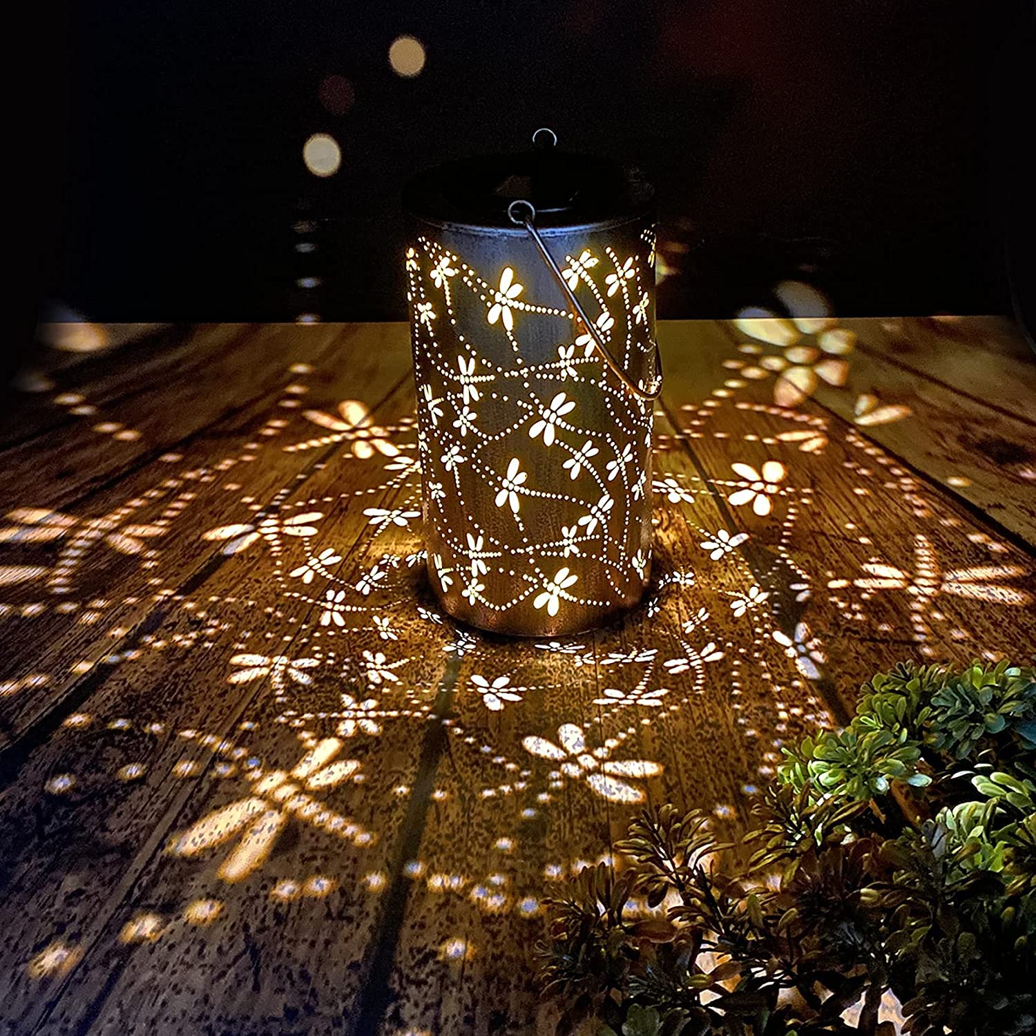 DIBIEECN Solar Lanterns - Waterproof LED Hanging Lantern, Dragonfly Design, Alloy Steel, Purple Bronze, Model RC-DL1003