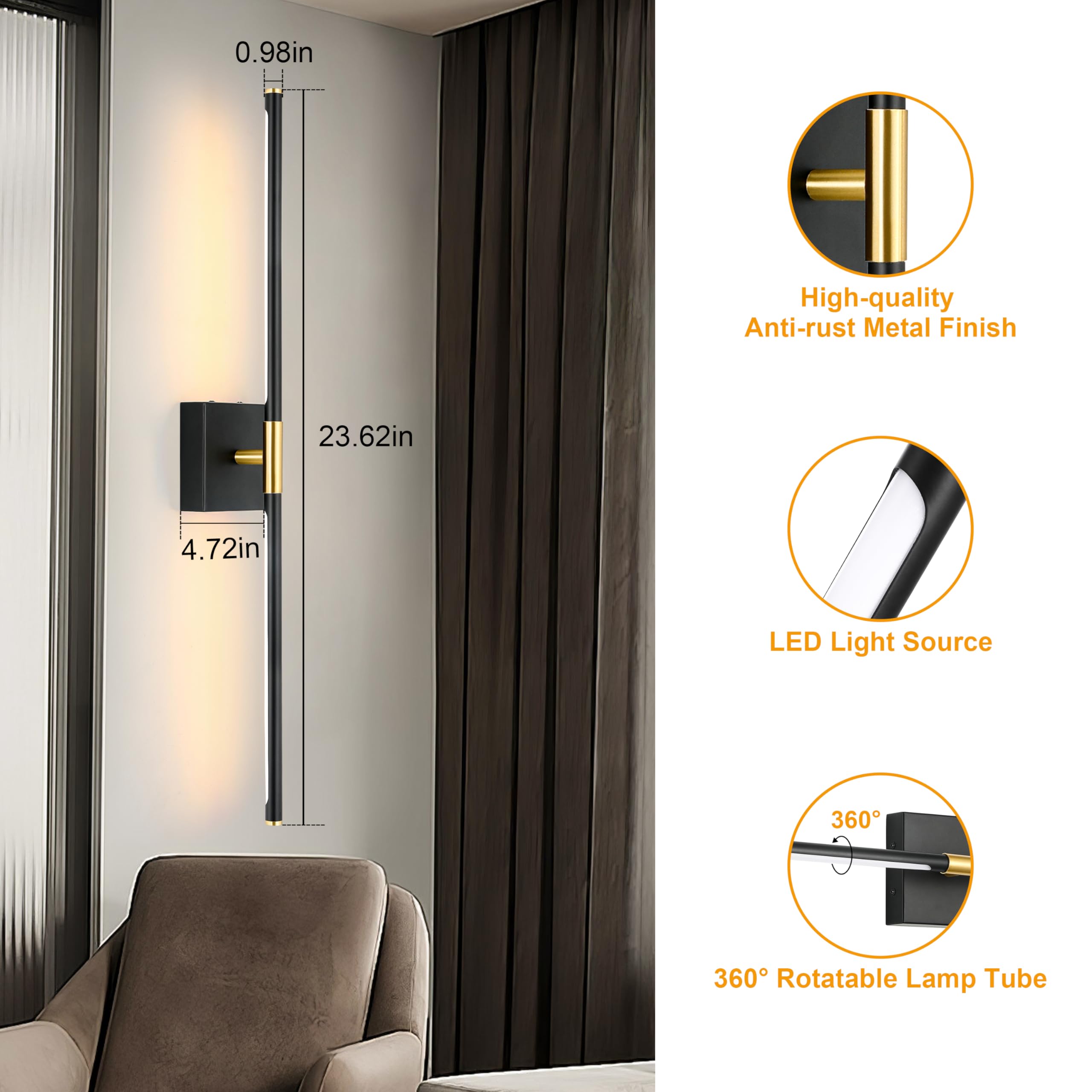 Morauroral Wall Sconces Set Of 2, Modern Hardwired Sconces Wall Decor, 24 Inch Dimmable Sconces Wall Lighting, Black Gold Wall L