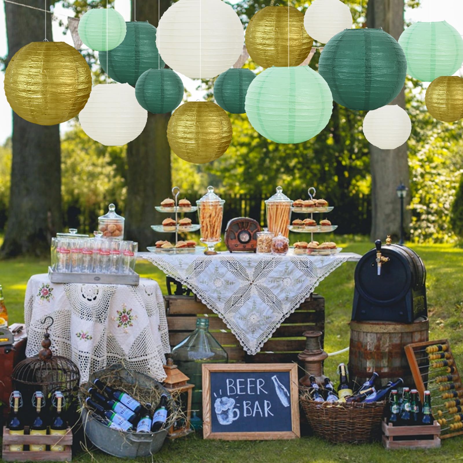 Beishida 16 Pcs Sage Green Gold Paper Lanterns,Hanging Decorative Chinese Japanese Round Paper Lantern Lamp For Birthday Wedding