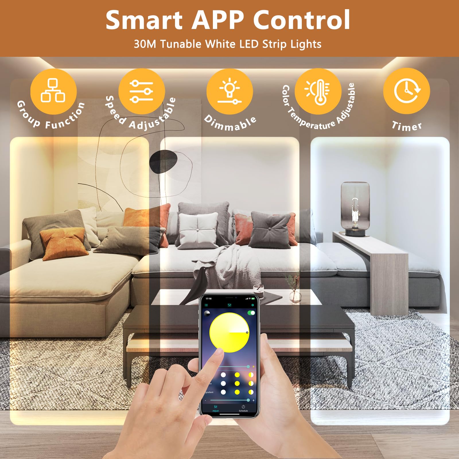 Wefomey 100Ft Dimmable Led Strip Lights, 2700K-6500K Tunable White, Remote &