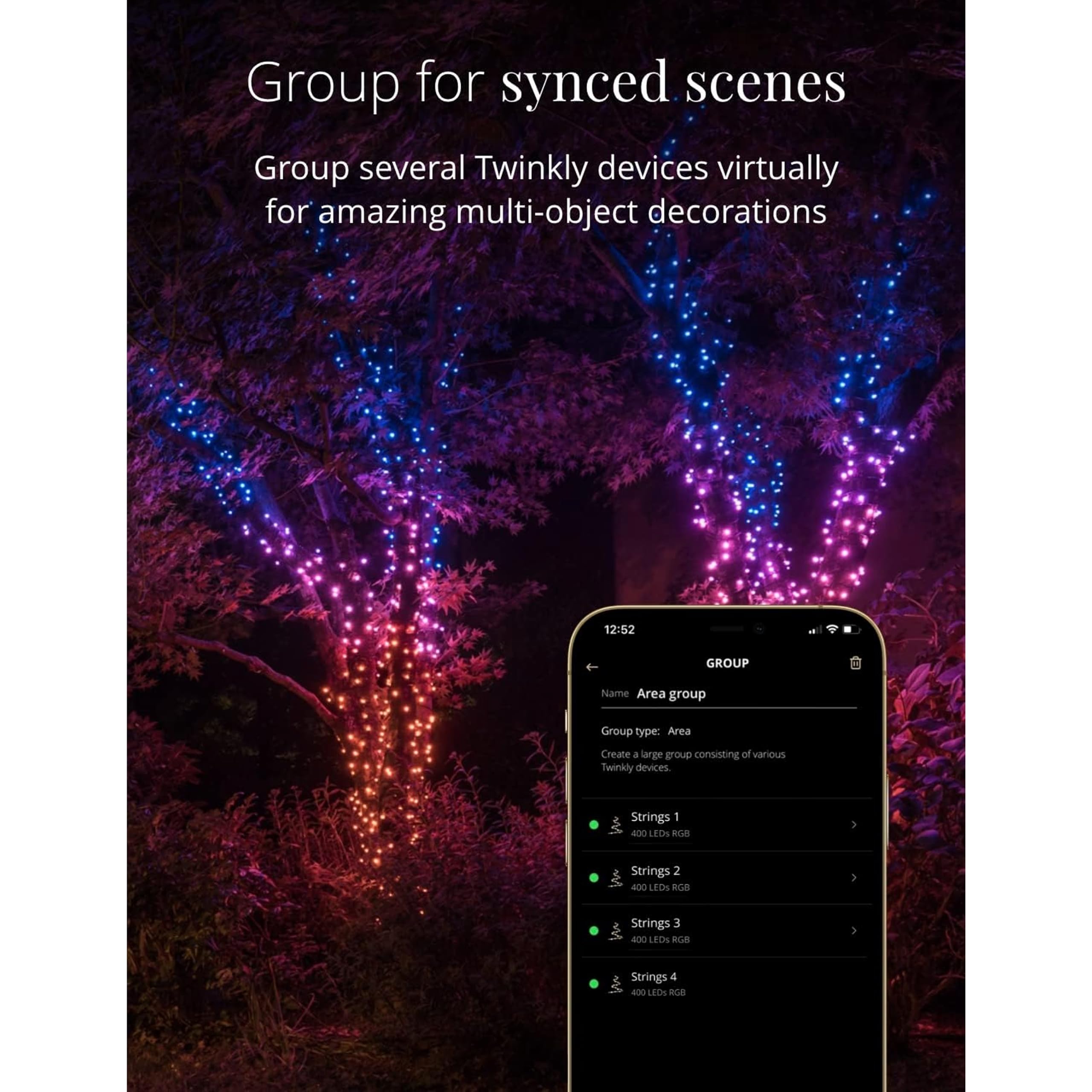 Twinkly 400 LED RGB+White Light String, 105ft Smart Outdoor/Indoor Lights, Mappable, Compatible with Alexa & Google Home, Green Wire