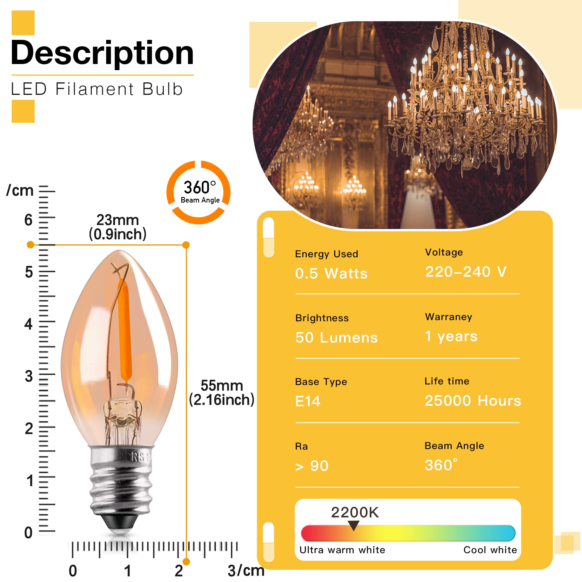 Genixgreen Amber Led C7 Nightlight Bulb, E12 Base, 2200K, 50Lm, 6-Pack