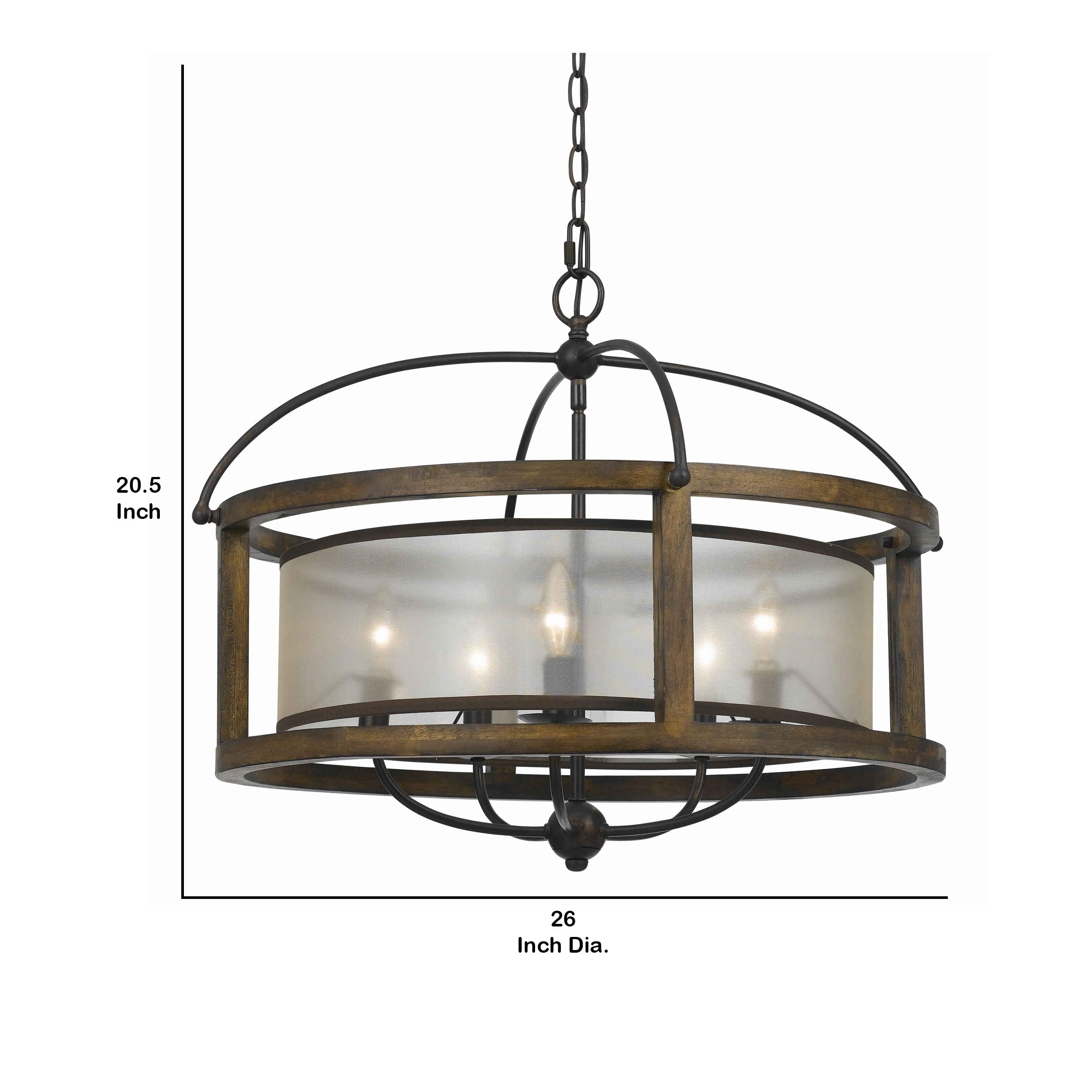 5 Bulb Round Chandelier With Wooden Frame And Organza Striped Shade