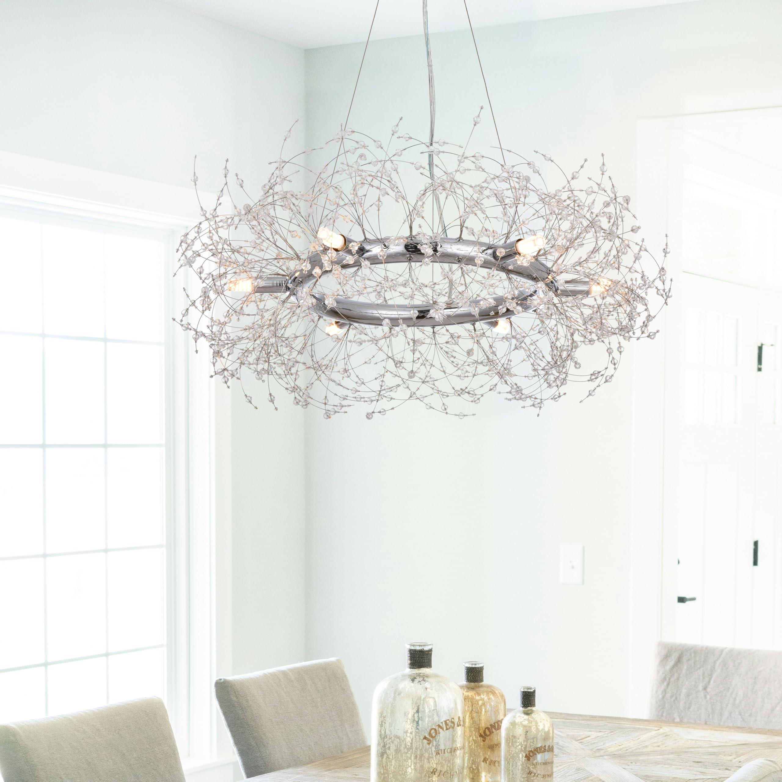 Silver Crystal Chandelier Firework,Modern Chrome Dining Room Light Fixture,Large Round Hanging Chandeliers For Master Bedroom Di