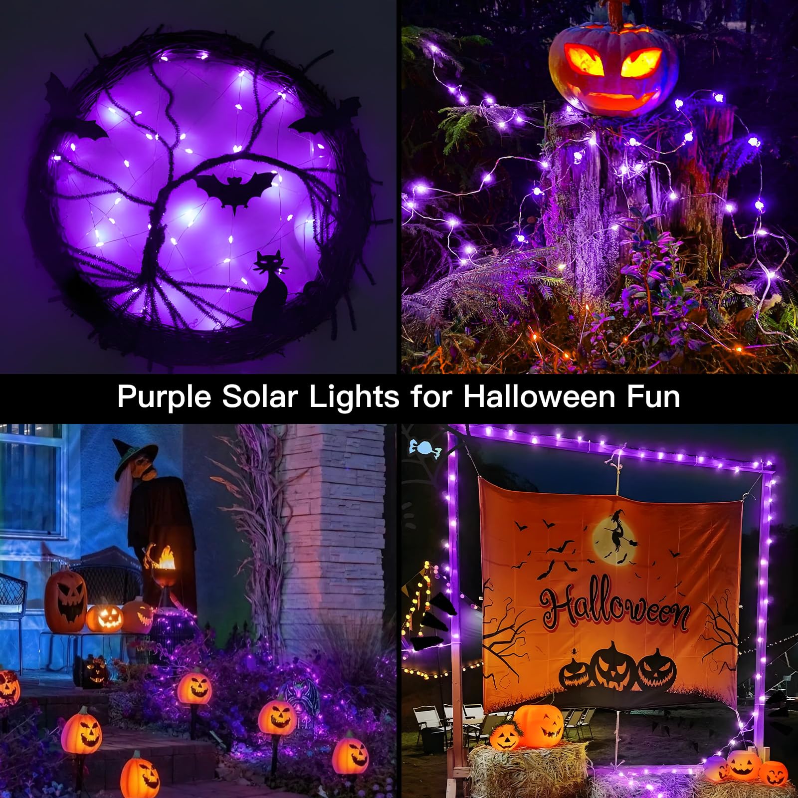Suddus Halloween String Lights Solar Powered, 2 Pack Total 66Ft 200 Led Purple Solar Lights Outdoor Waterproof, 8 Modes Purple Halloween Lights For Porch Tree Garden Patio Yard Party Decorations