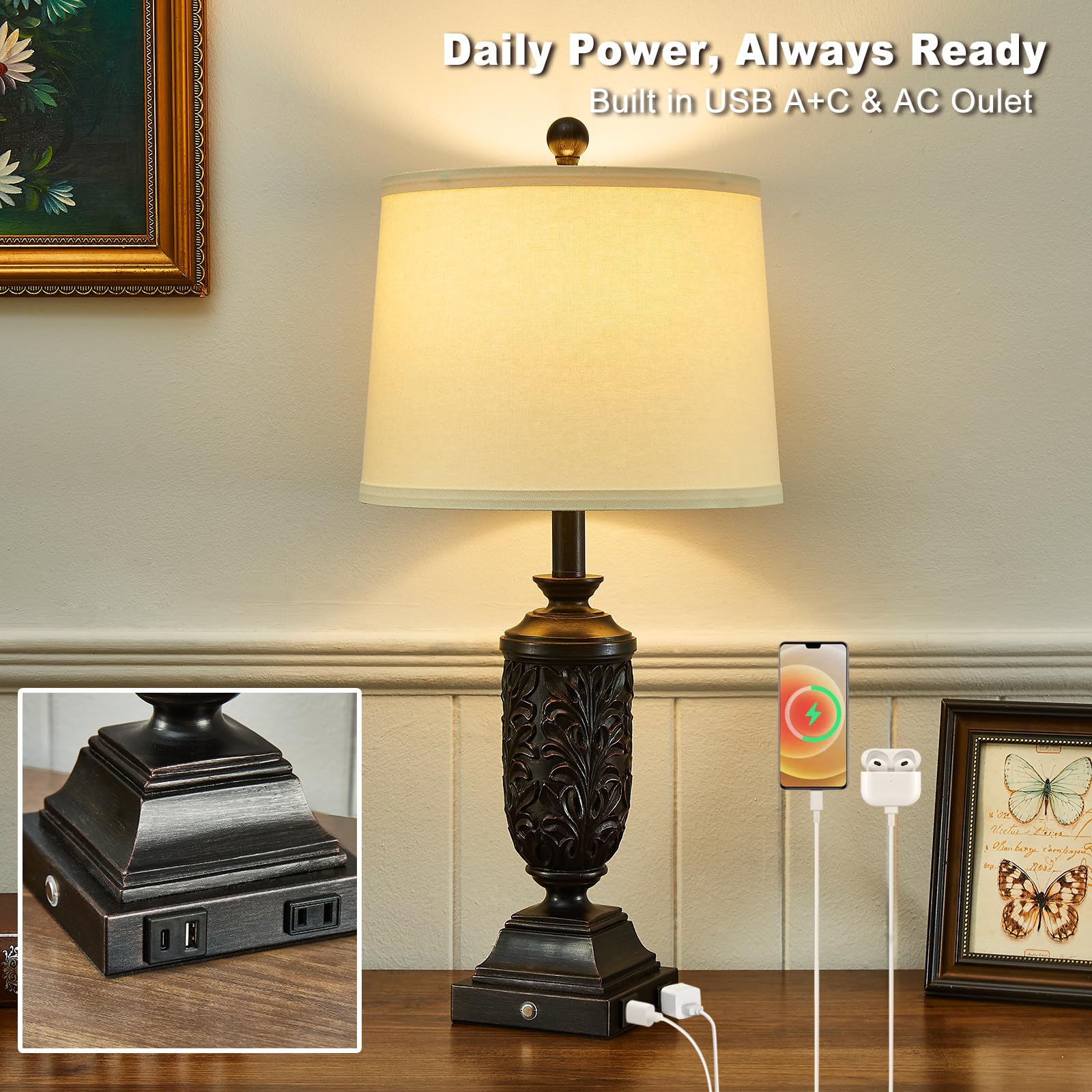 SAIWEYA 26.5in Farmhouse Table Lamp Set of 2, 3-Way Dimmable, Black, Resin, Model TM-T05