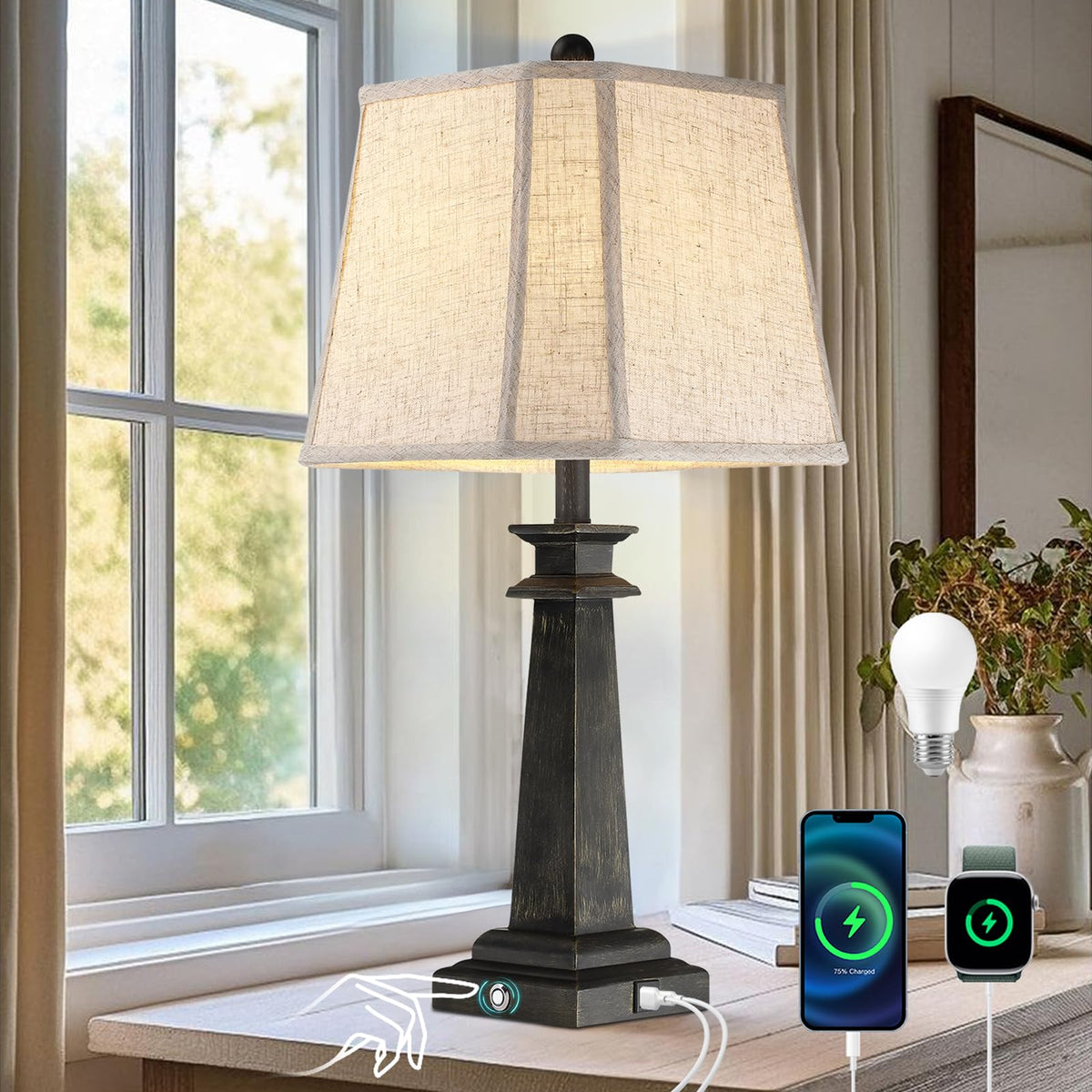 Hapcrea 27.5 Table Lamp For Bedroom, 3-Way Dimmable Touch Lamp For Nightstand, Farmhouse Table Lamp For Living Room With Usb A+C
