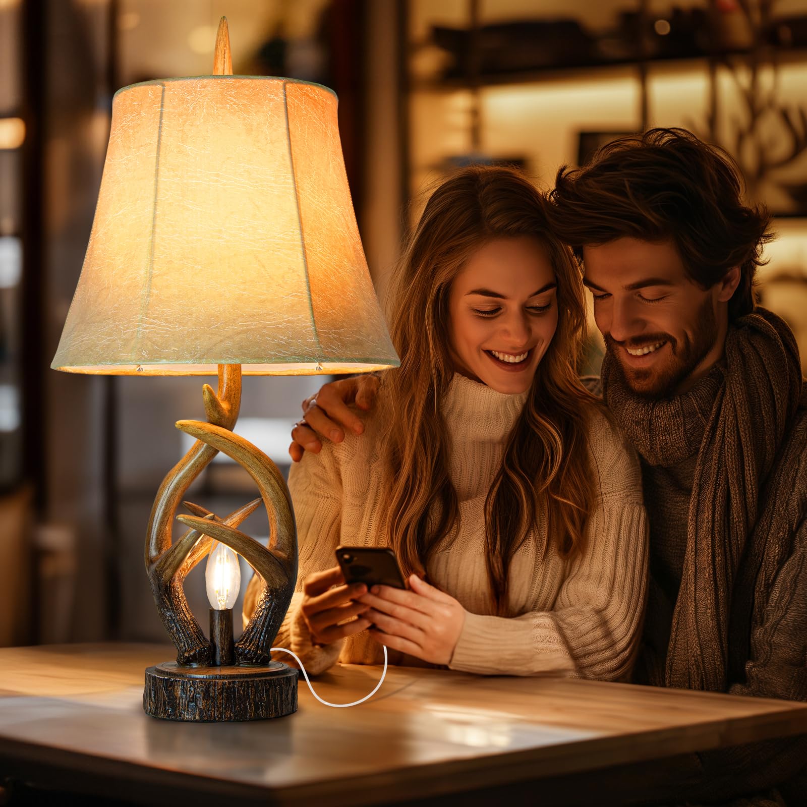 Scenekoy Rustic Farmhouse Antlers Bedside Table Lamp Set of 2, Brown Porcelain with Dual USB Ports, Model SL13