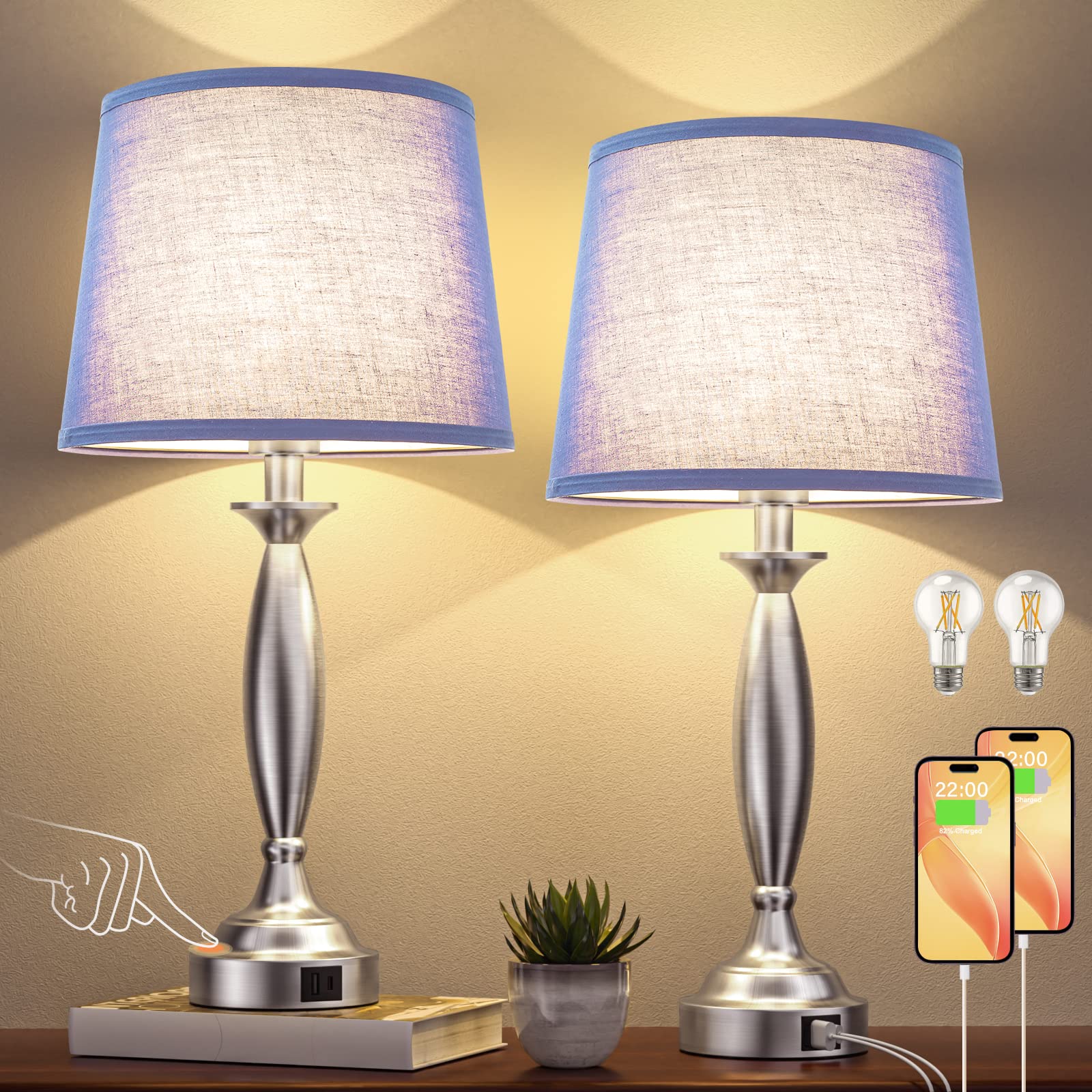 Blue Lamps For Bedrooms Set Of 2 - Touch Control Bedside Lamp With Usb C+A, 3 Way Dimmable Nightstand Lamps With Usb Port, Table