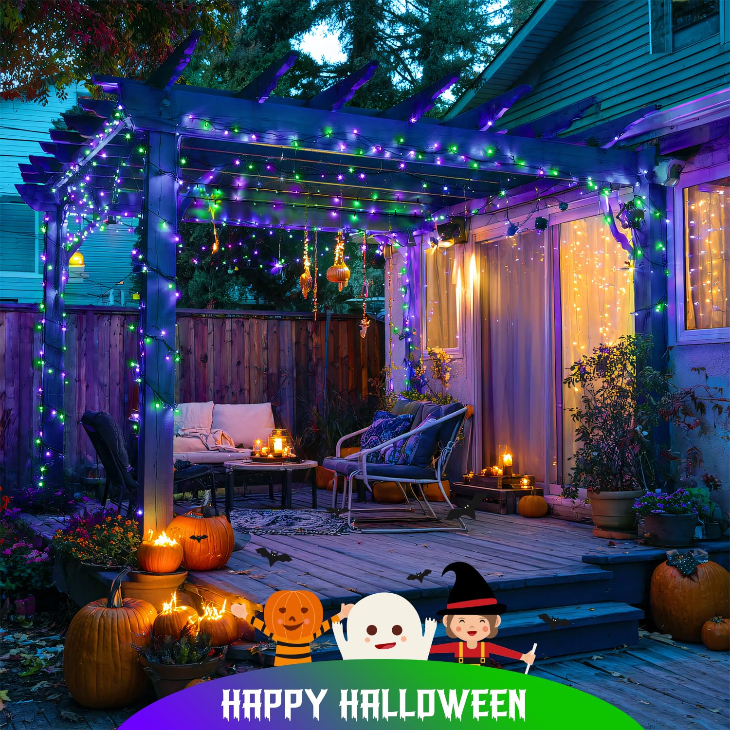 JMEXSUSS Solar Halloween Lights, 66 FT 200 LED, Purple and Green, Waterproof Outdoor Decor, Model JM-S-100, 2 Pack