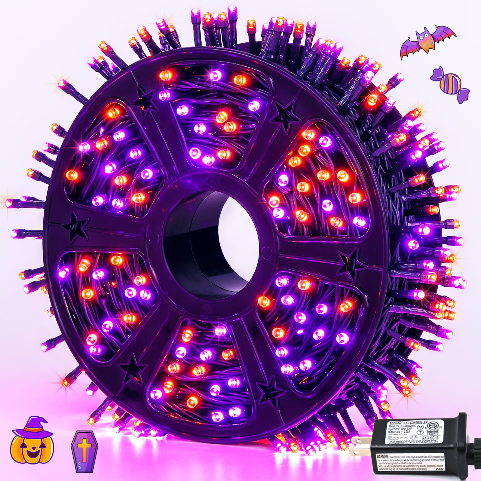 JMEXSUSS Halloween String Lights, 500 LED Waterproof, 173ft, 8 Modes, Orange & Purple, Model EXS-S-0500